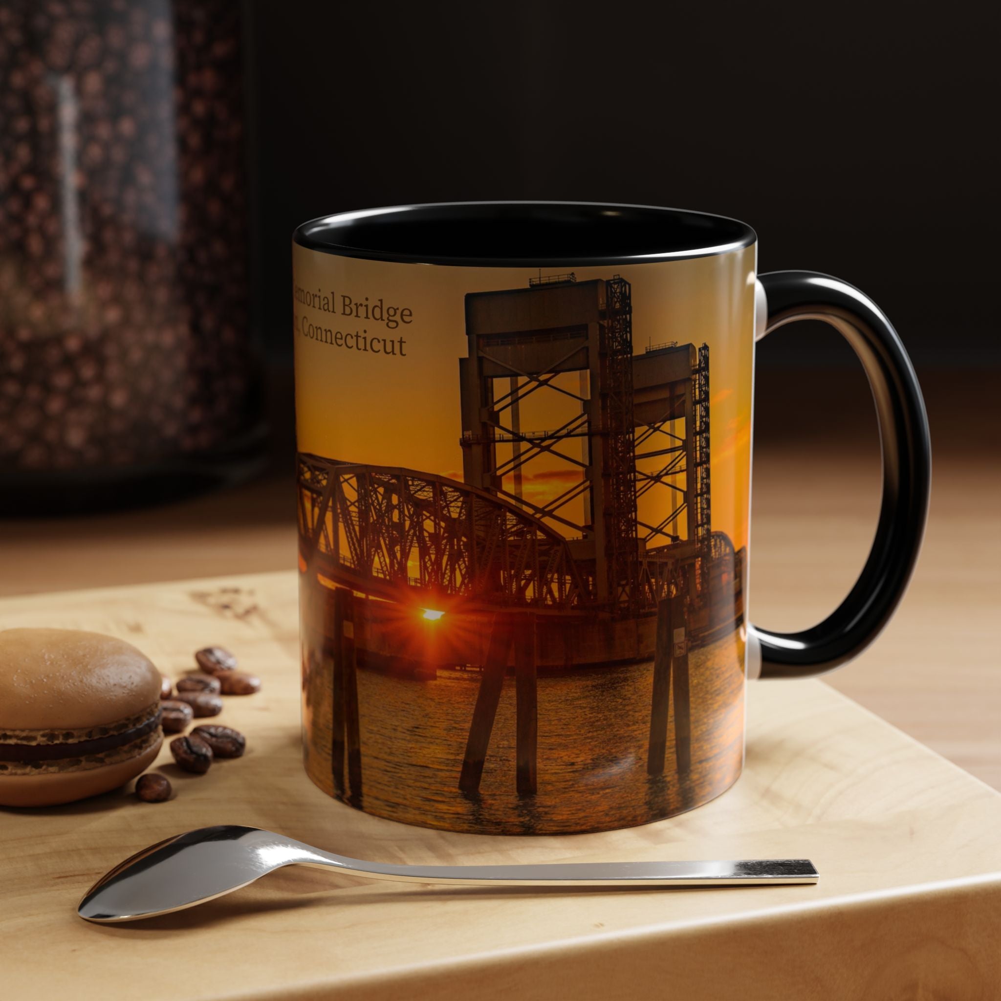 Gold Star Memorial Bridge - New London Sunset Accent Coffee Mug — Scenic Waterfront Sunrise Ceramic Mug (11/15oz)