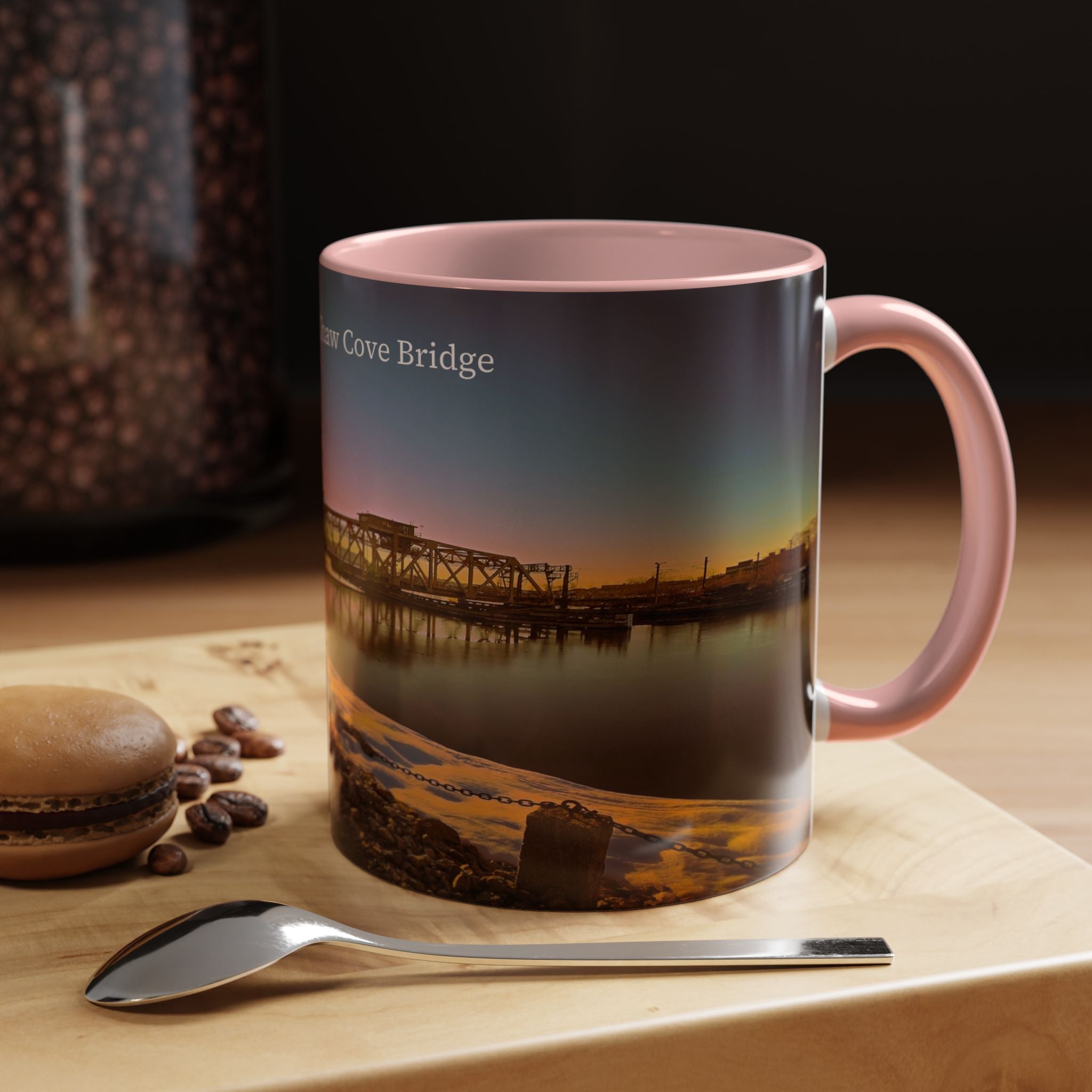 Shaws Cove Bridge - New london Connecticut Accent Coffee Mug — Scenic Sunrise Bridge Photo, 11/15oz