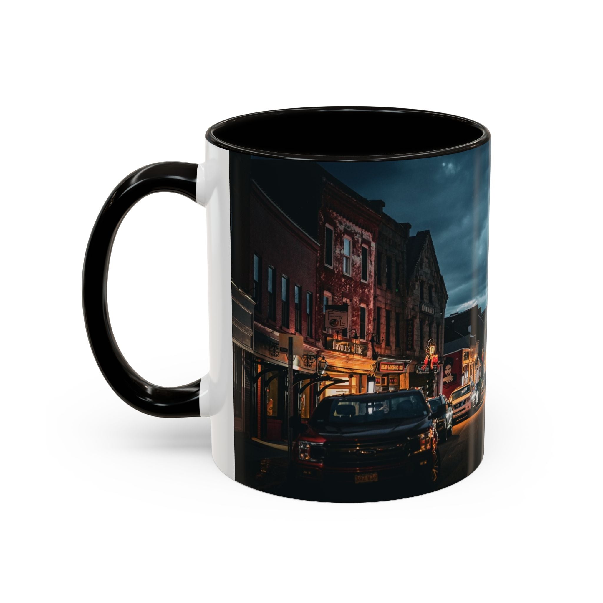 Bank Street New London, Connecticut Nightscape Mug — Scenic City Street Coffee Cup (11oz, 15oz)