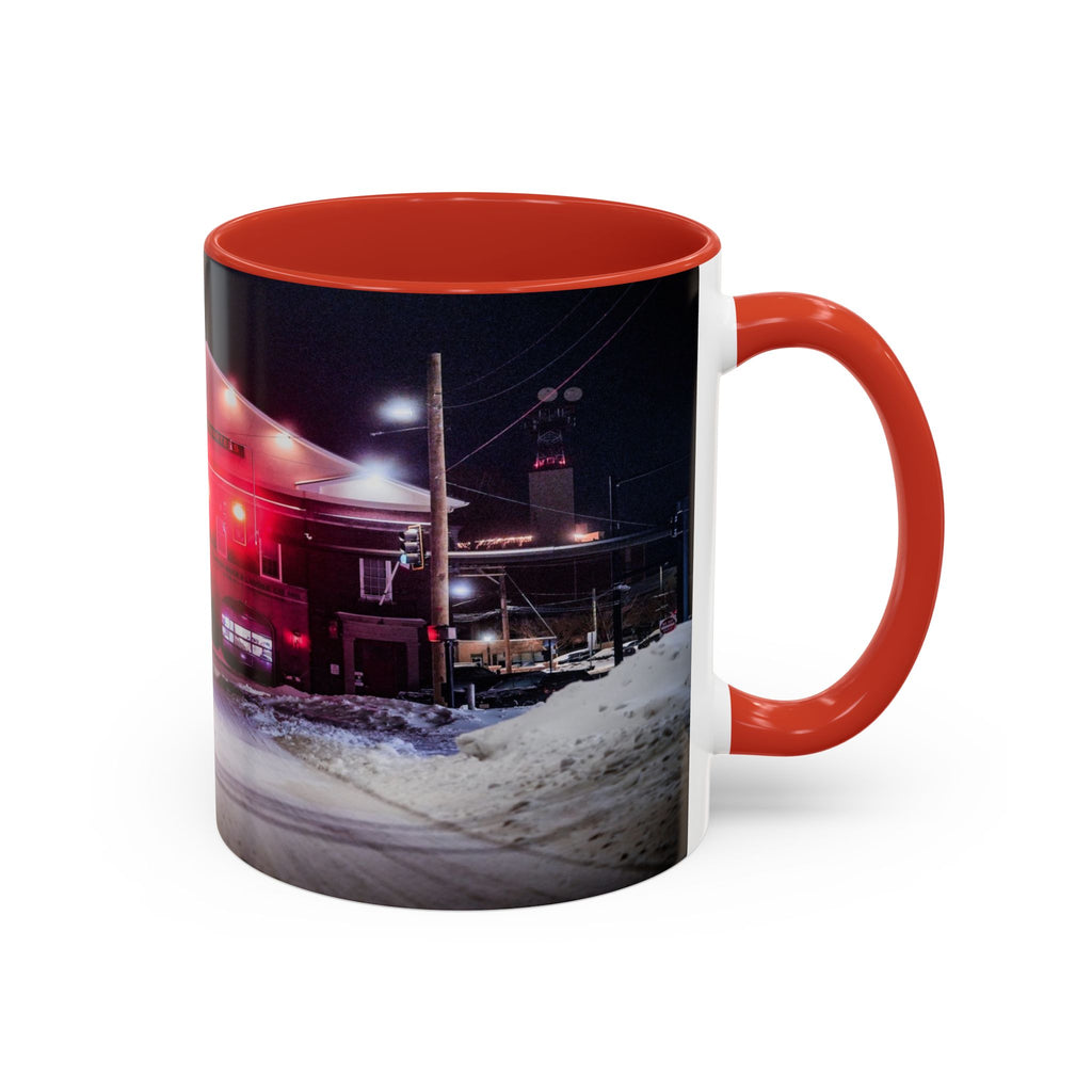 New London Fire Station Night Scene Accent Coffee Mug — 11/15oz Red-Handle Ceramic Mug