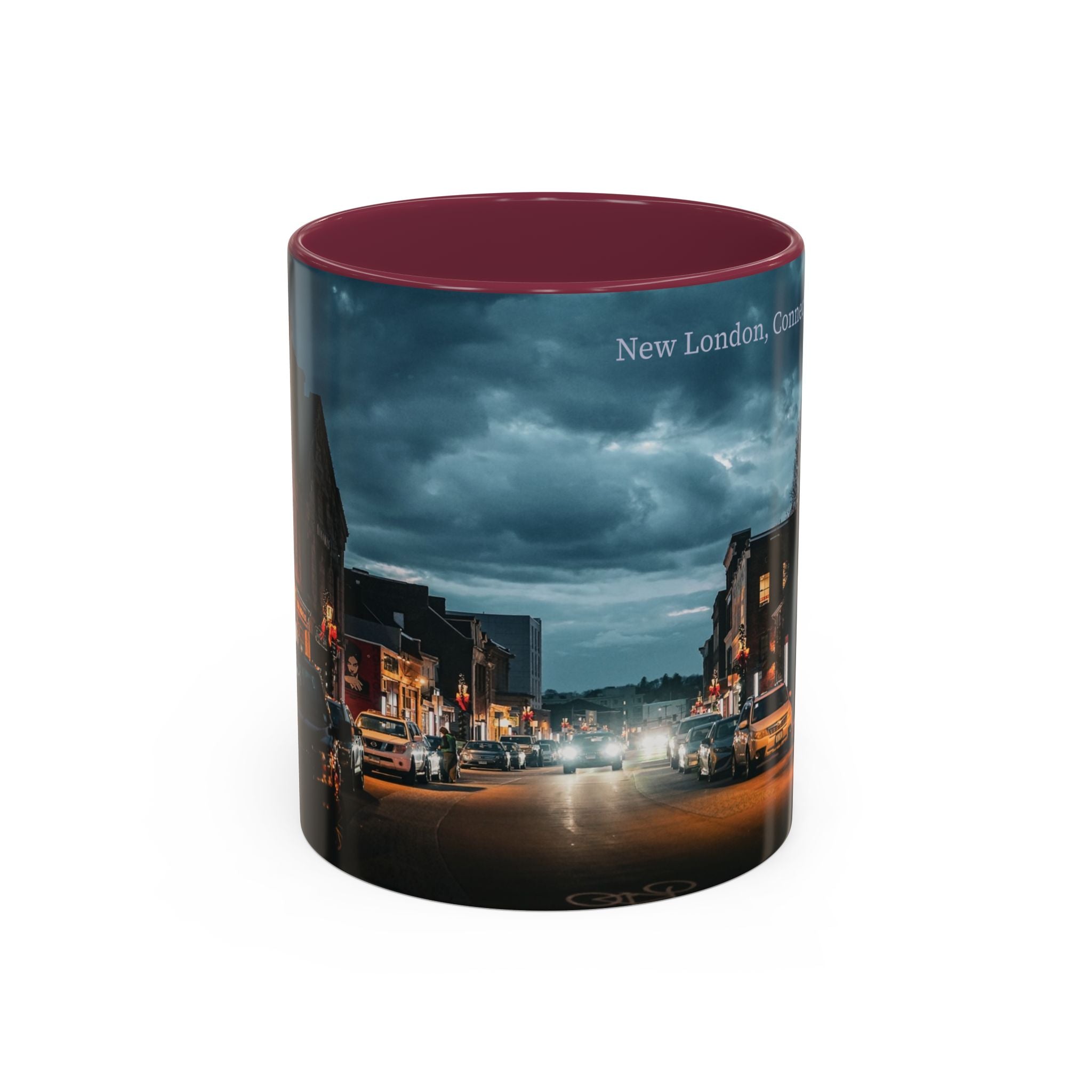 Bank Street New London, Connecticut Nightscape Mug — Scenic City Street Coffee Cup (11oz, 15oz)