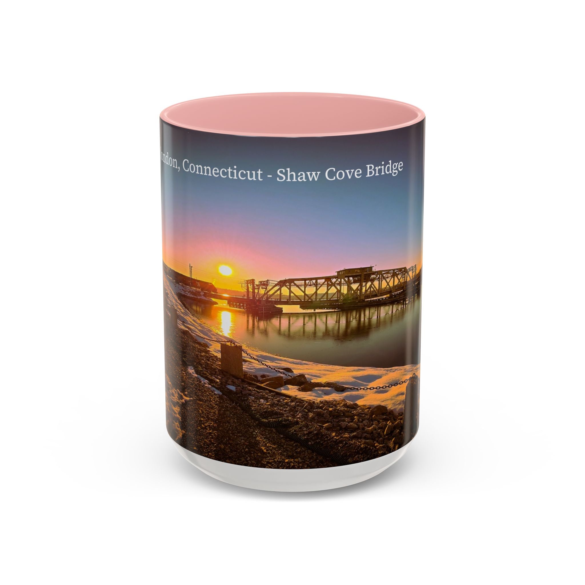 Shaws Cove Bridge - New london Connecticut Accent Coffee Mug — Scenic Sunrise Bridge Photo, 11/15oz