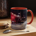 New London Fire Station Night Scene Accent Coffee Mug — 11/15oz Red-Handle Ceramic Mug