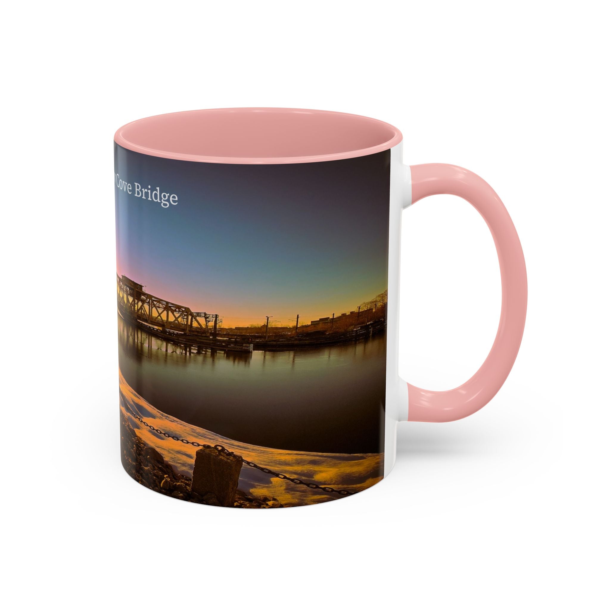 Shaws Cove Bridge - New london Connecticut Accent Coffee Mug — Scenic Sunrise Bridge Photo, 11/15oz