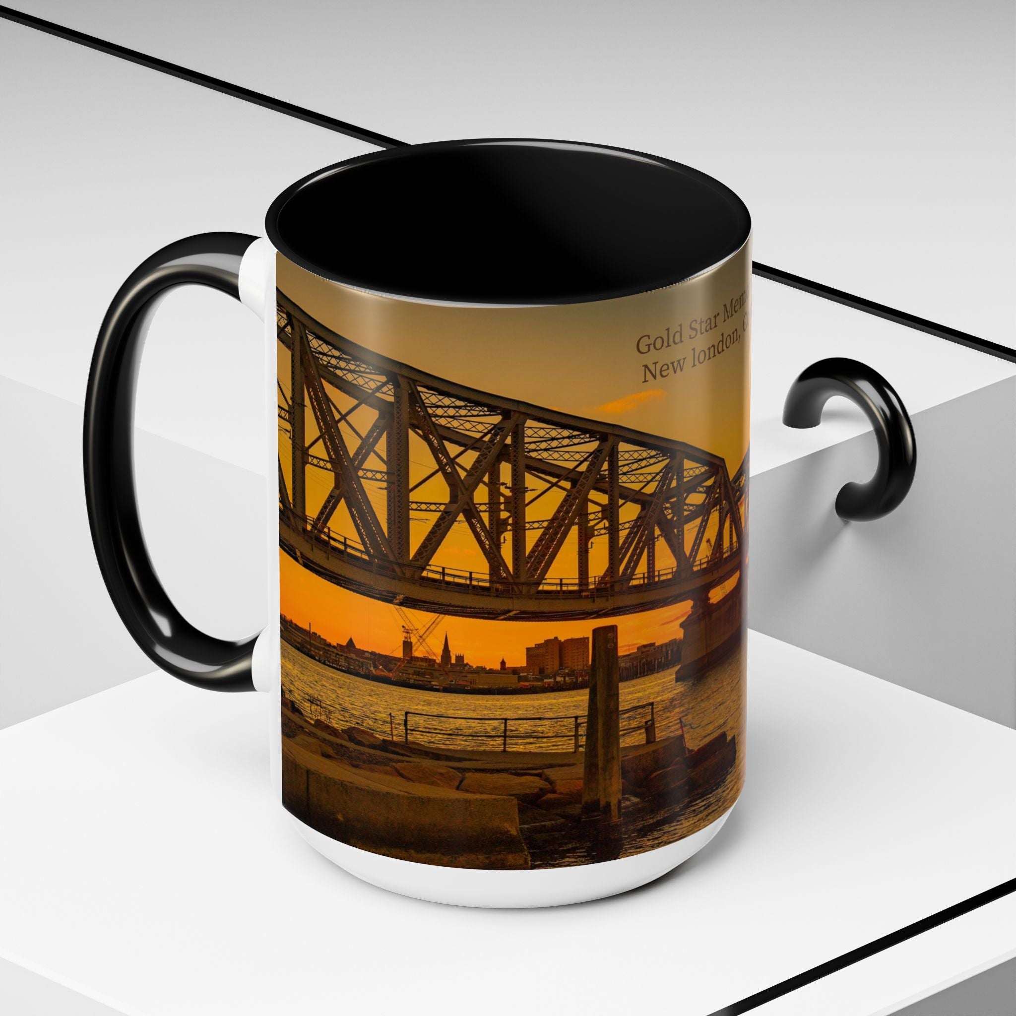Gold Star Memorial Bridge - New London Sunset Accent Coffee Mug — Scenic Waterfront Sunrise Ceramic Mug (11/15oz)