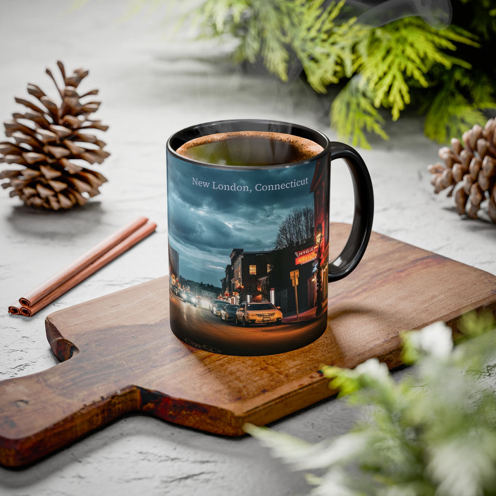 Bank Street New London, Connecticut Nightscape Mug — Scenic City Street Coffee Cup (11oz, 15oz)