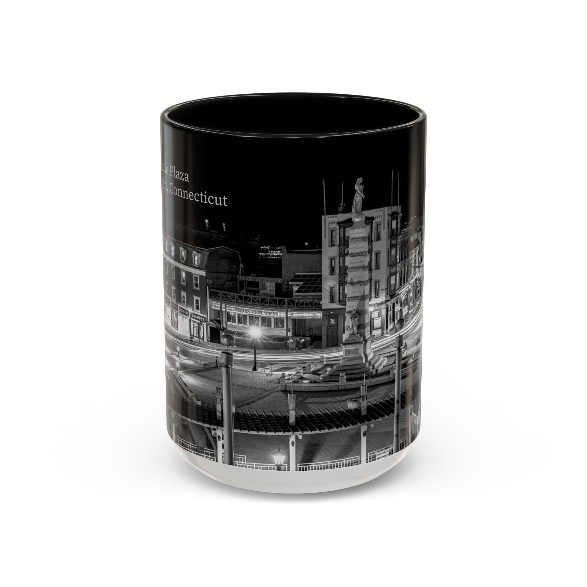 Parade Plaza New London Connecticut Long Exposure Nightscape Coffee Mug — Black & White City Photo Accent Mug (11/15oz)