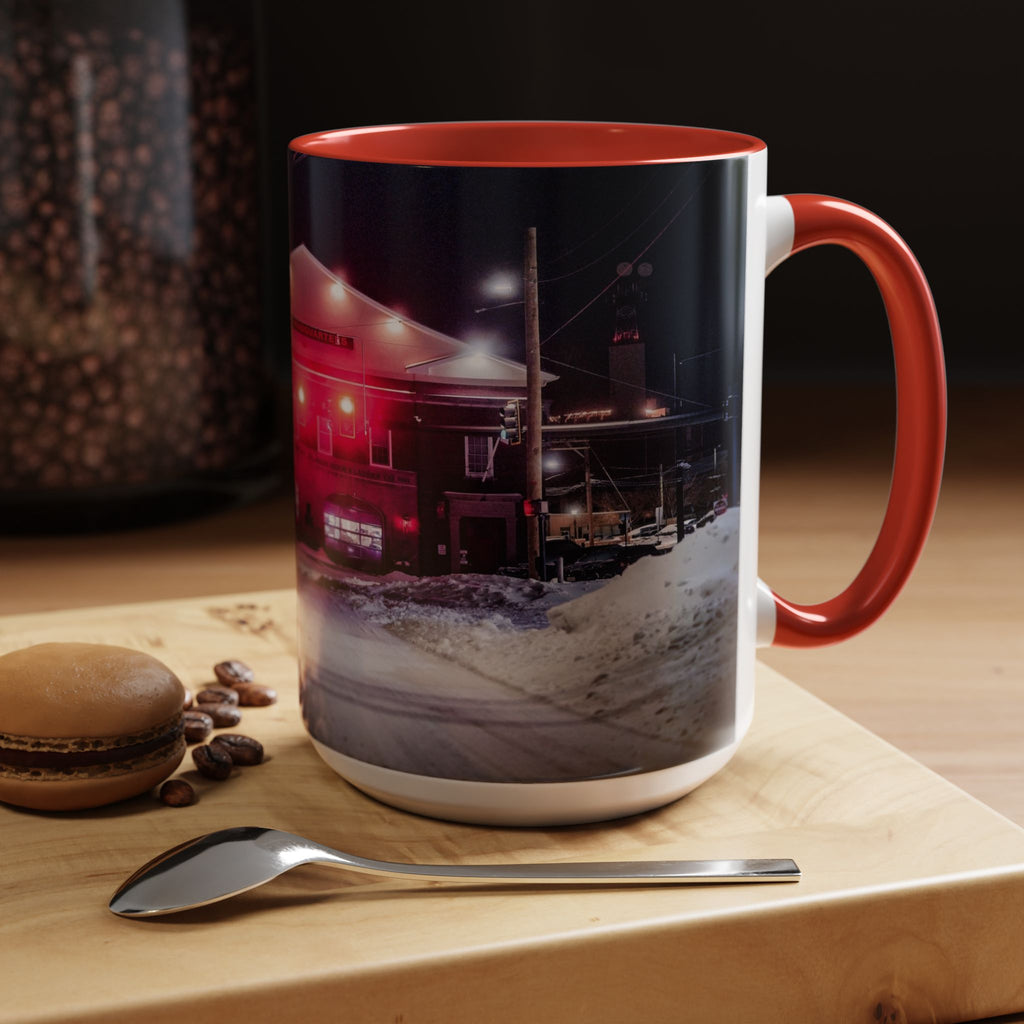 New London Fire Station Night Scene Accent Coffee Mug — 11/15oz Red-Handle Ceramic Mug