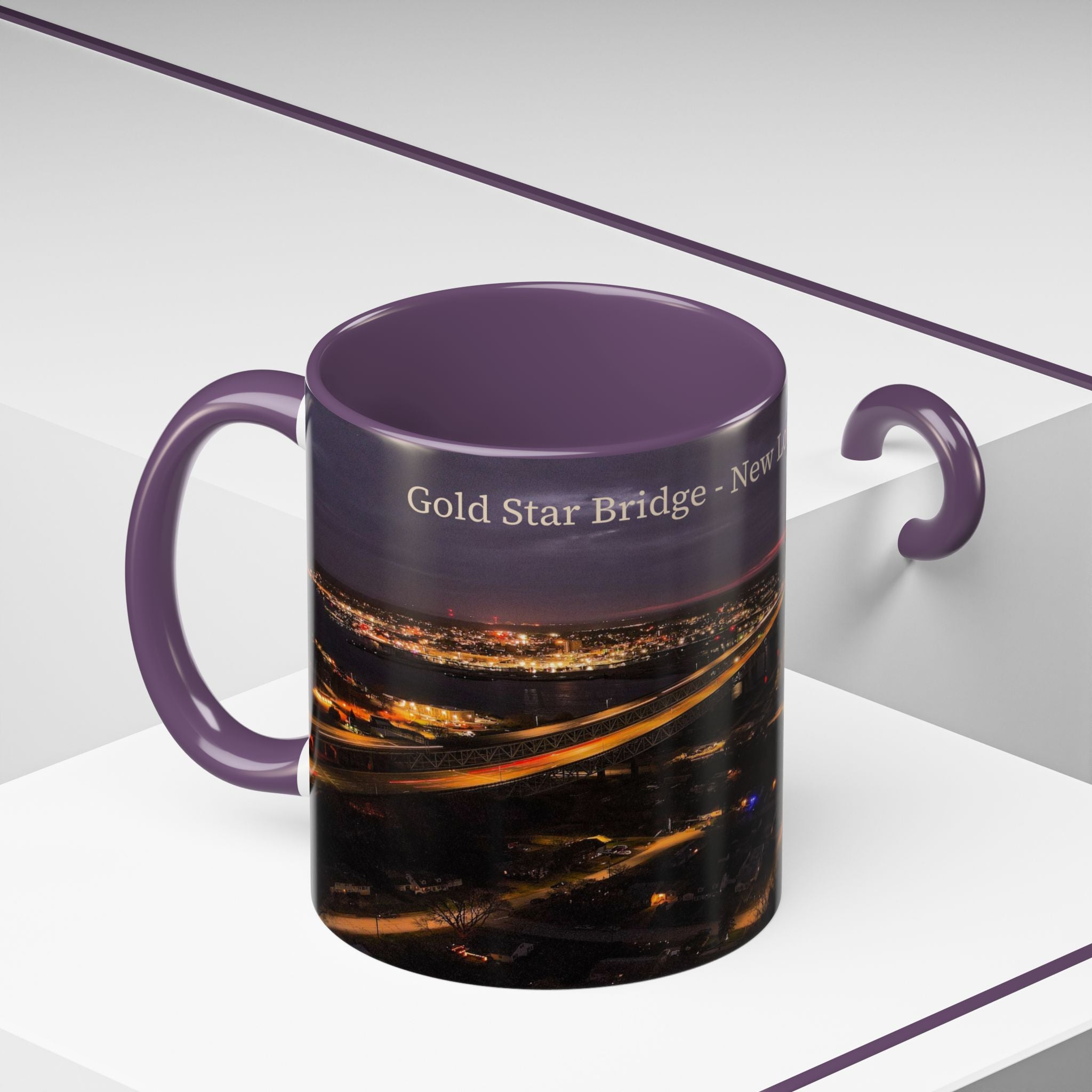 Gold Star Bridge New London Connecticut Nightscape Coffee Mug – Scenic River & Bridge Night Lights (11/15oz)