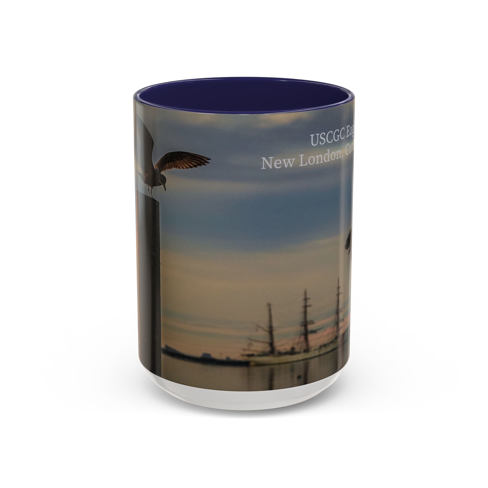 USCGC Eagle New London Seagull Sunset Accent Coffee Mug — Scenic Beach Bird Photography, 11/15oz