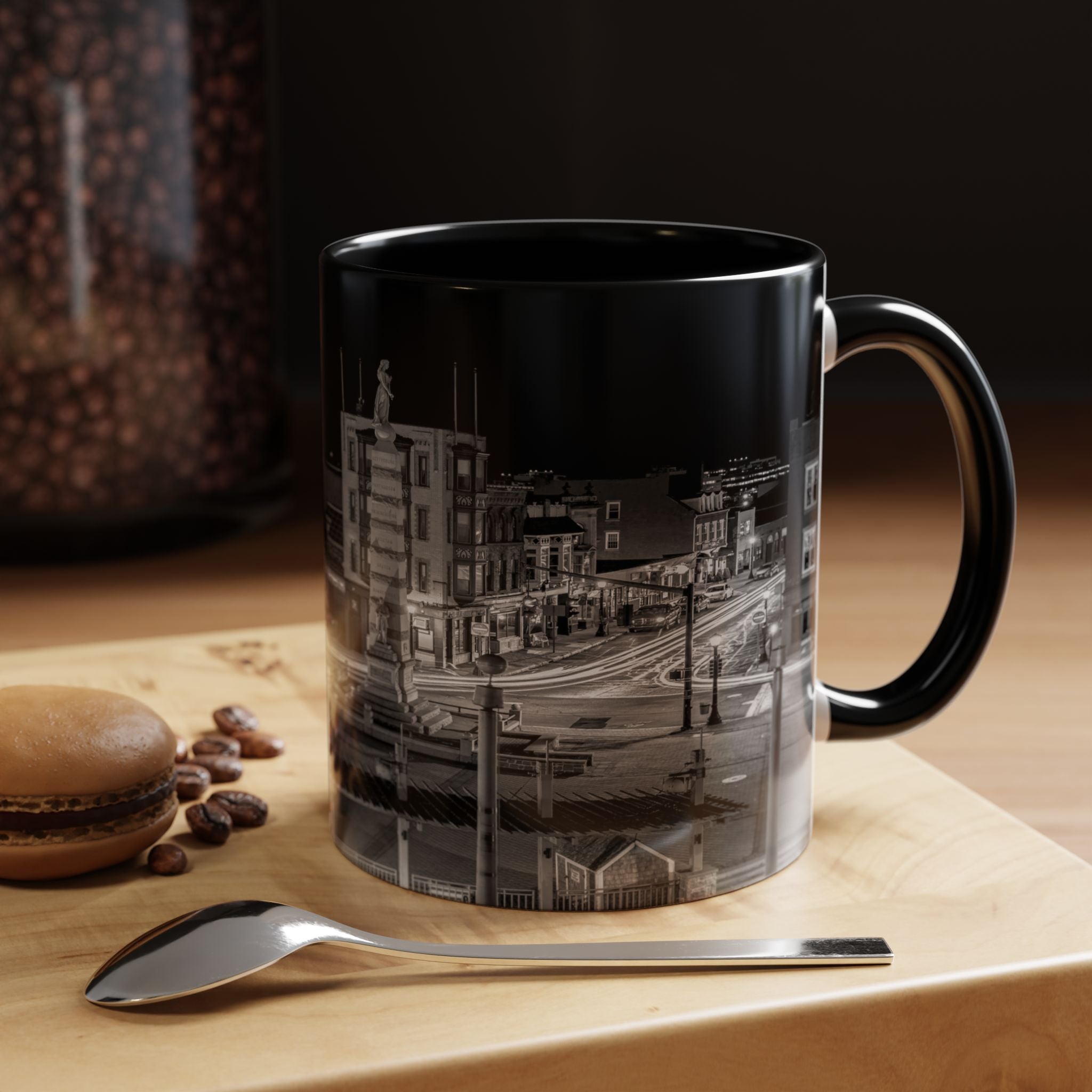 Parade Plaza New London Connecticut Long Exposure Nightscape Coffee Mug — Black & White City Photo Accent Mug (11/15oz)