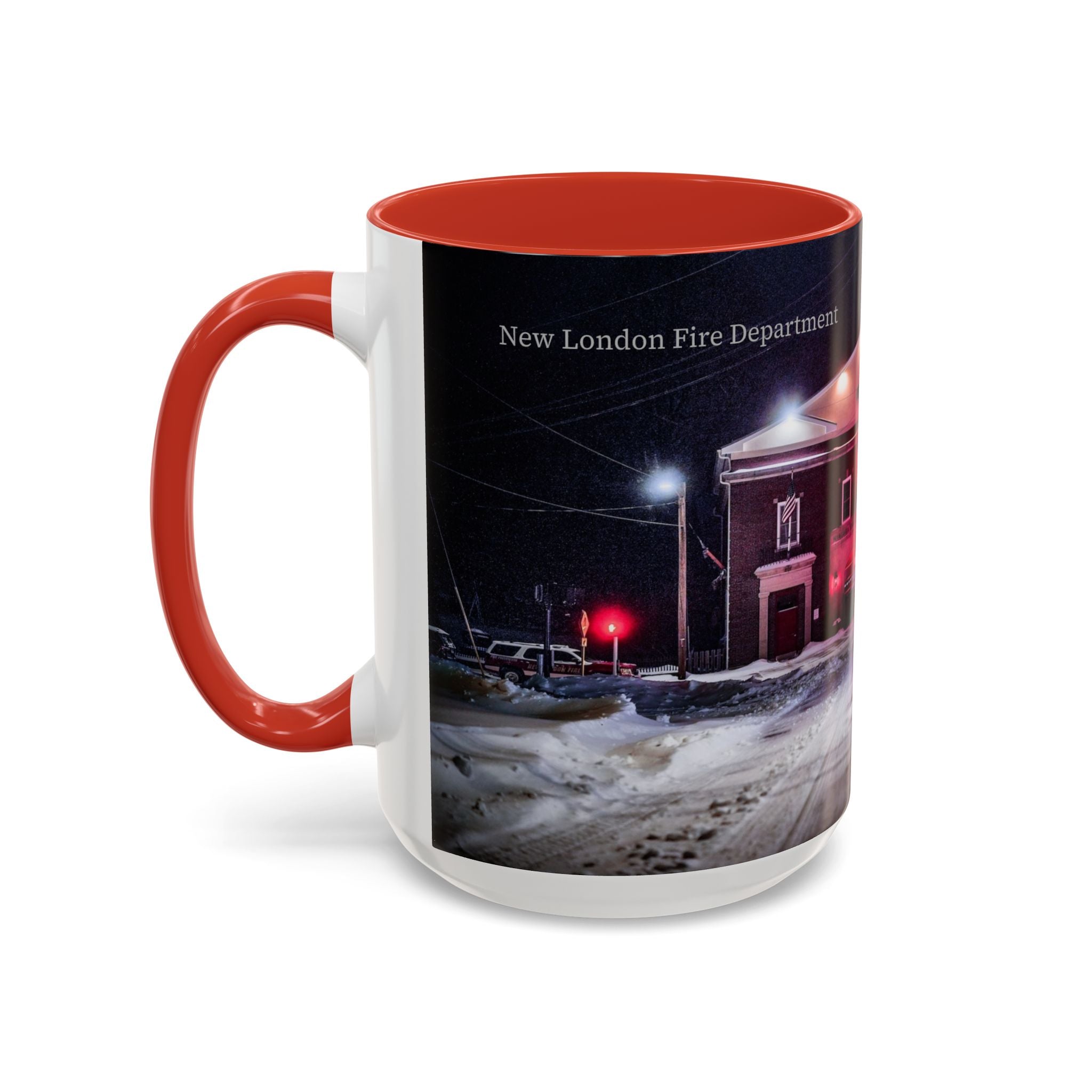 New London Fire Station Night Scene Accent Coffee Mug — 11/15oz Red-Handle Ceramic Mug
