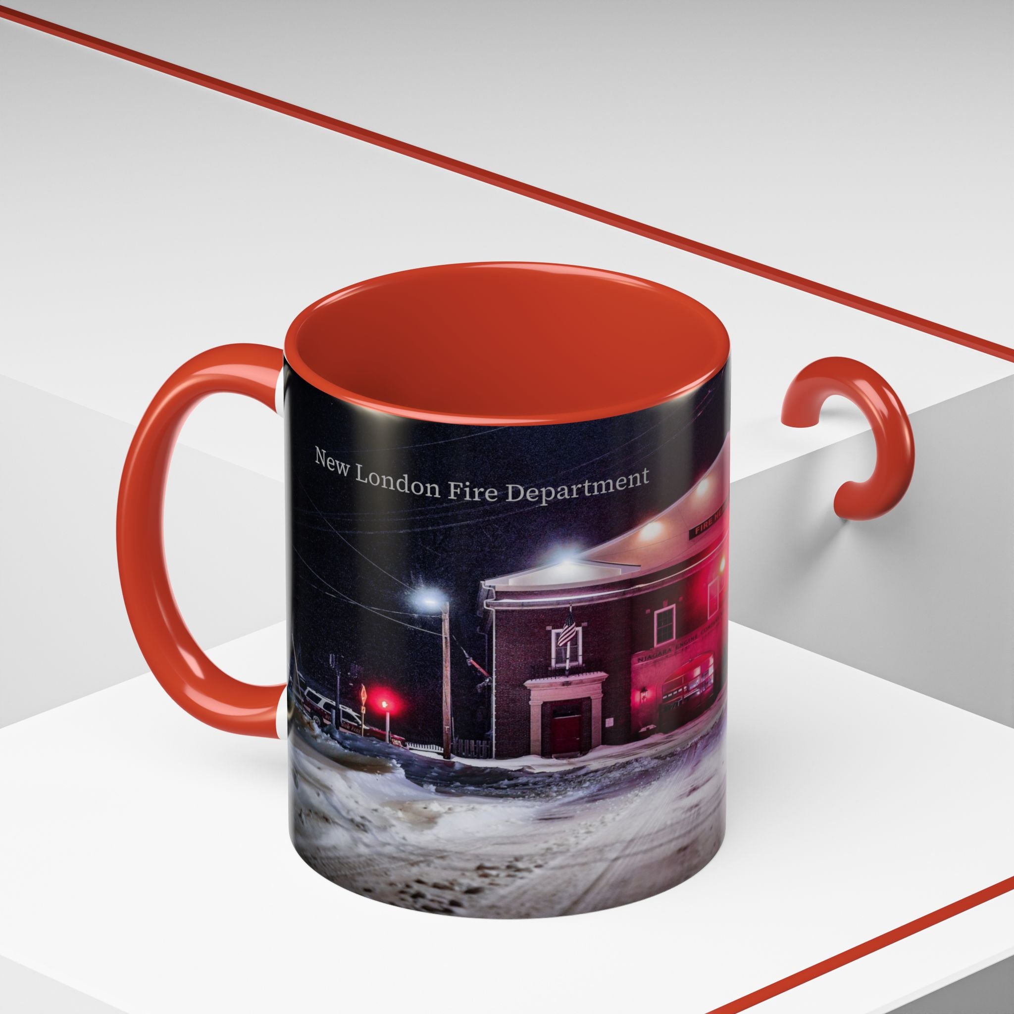 New London Fire Station Night Scene Accent Coffee Mug — 11/15oz Red-Handle Ceramic Mug