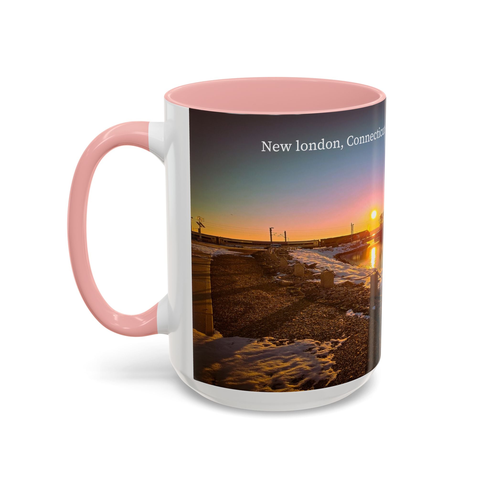 Shaws Cove Bridge - New london Connecticut Accent Coffee Mug — Scenic Sunrise Bridge Photo, 11/15oz
