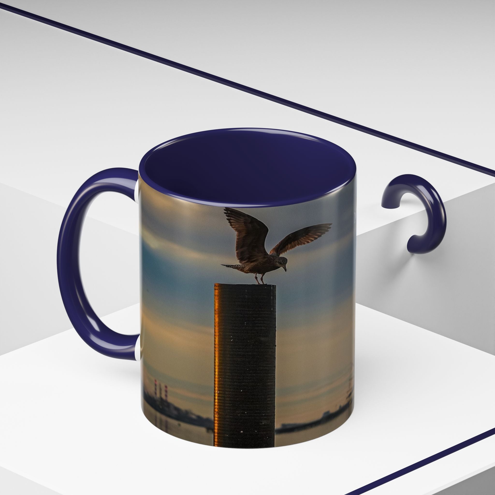 USCGC Eagle New London Seagull Sunset Accent Coffee Mug — Scenic Beach Bird Photography, 11/15oz
