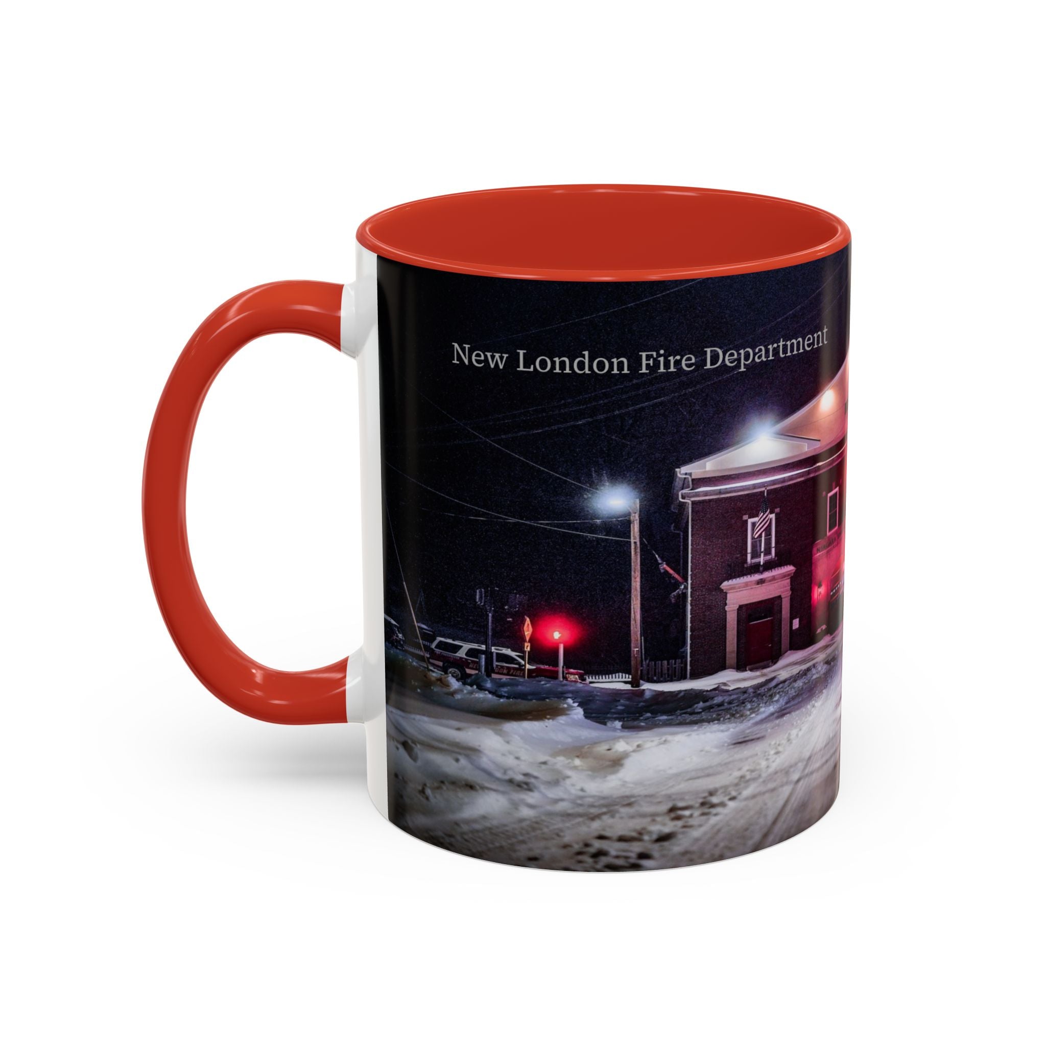 New London Fire Station Night Scene Accent Coffee Mug — 11/15oz Red-Handle Ceramic Mug