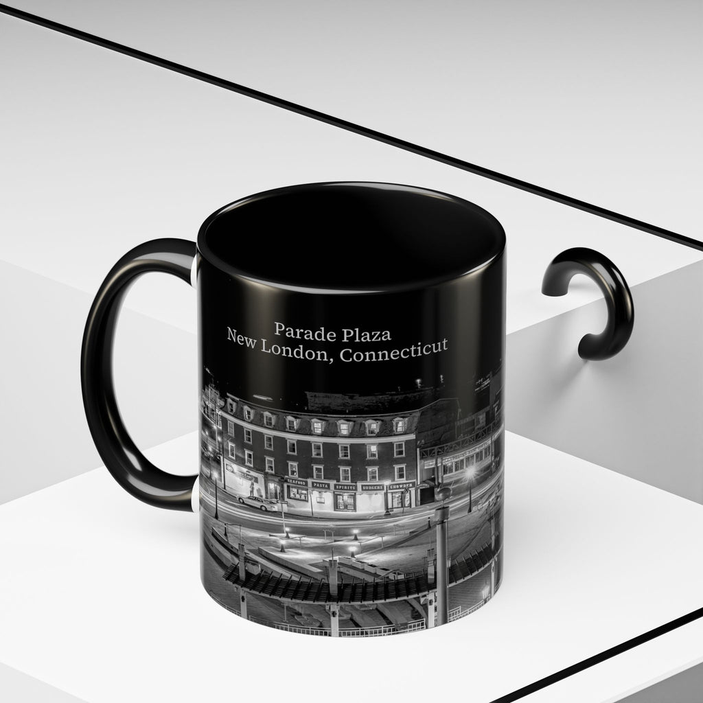 Parade Plaza New London Connecticut Long Exposure Nightscape Coffee Mug — Black & White City Photo Accent Mug (11/15oz)