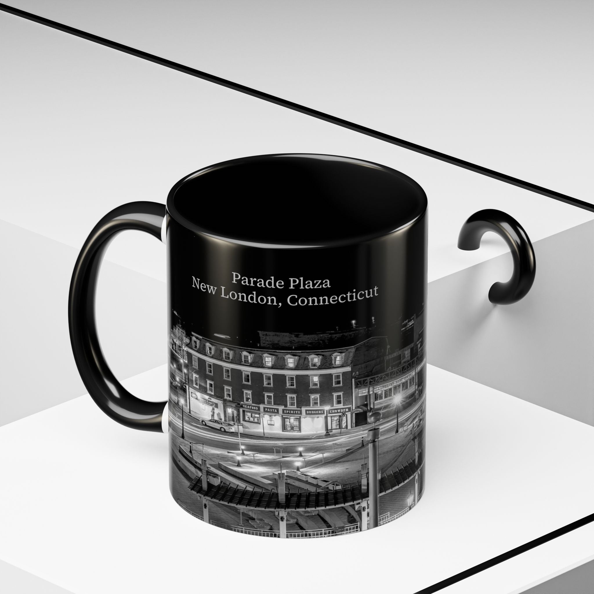 Parade Plaza New London Connecticut Long Exposure Nightscape Coffee Mug — Black & White City Photo Accent Mug (11/15oz)