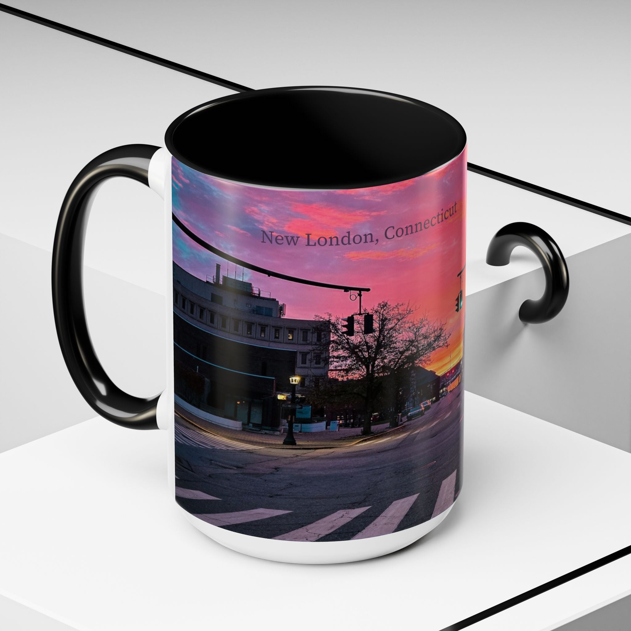 New London Eugene Oneil Sunrise Main Coffee Mug — Colorful Downtown Scenic Ceramic Mug (11oz/15oz)