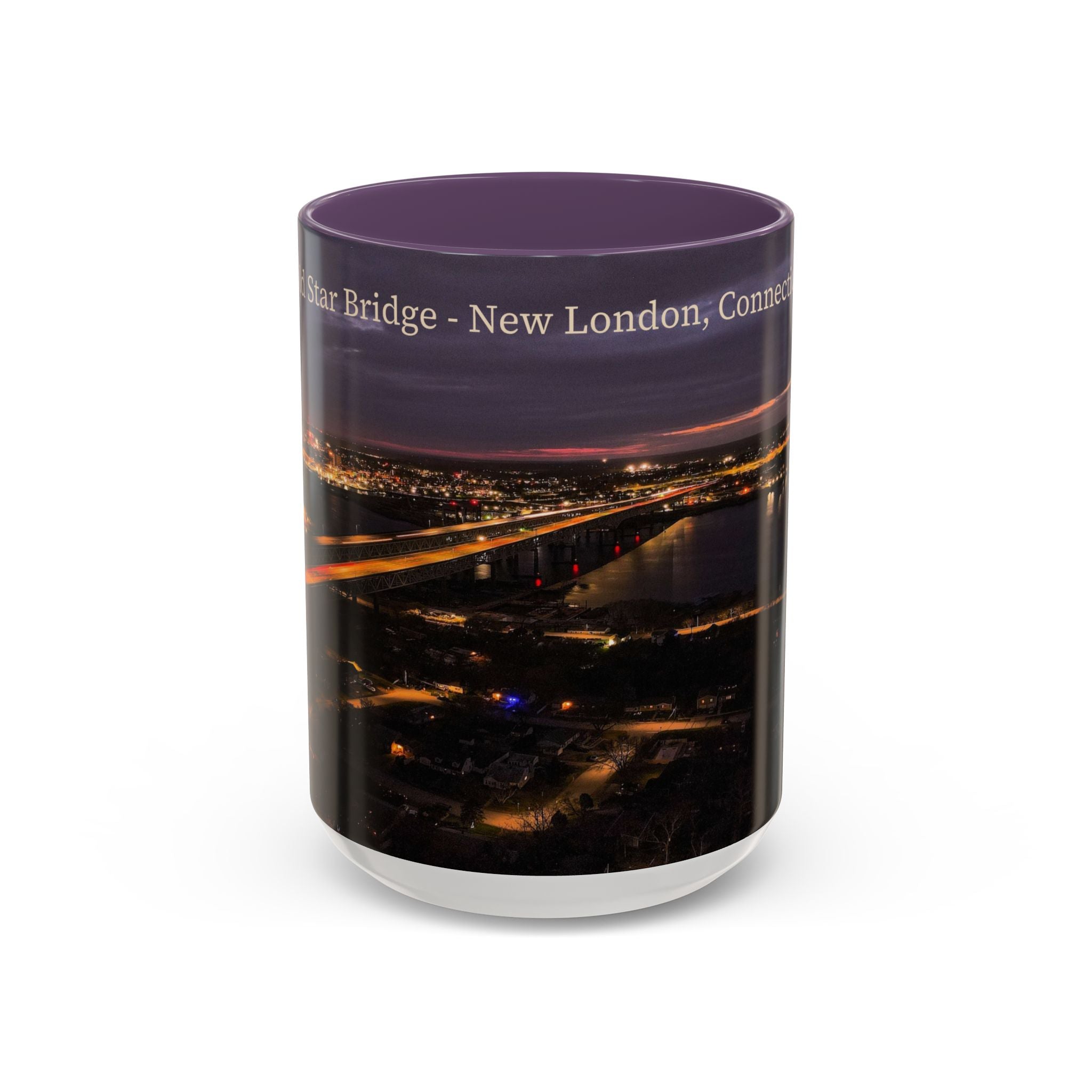 Gold Star Bridge New London Connecticut Nightscape Coffee Mug – Scenic River & Bridge Night Lights (11/15oz)