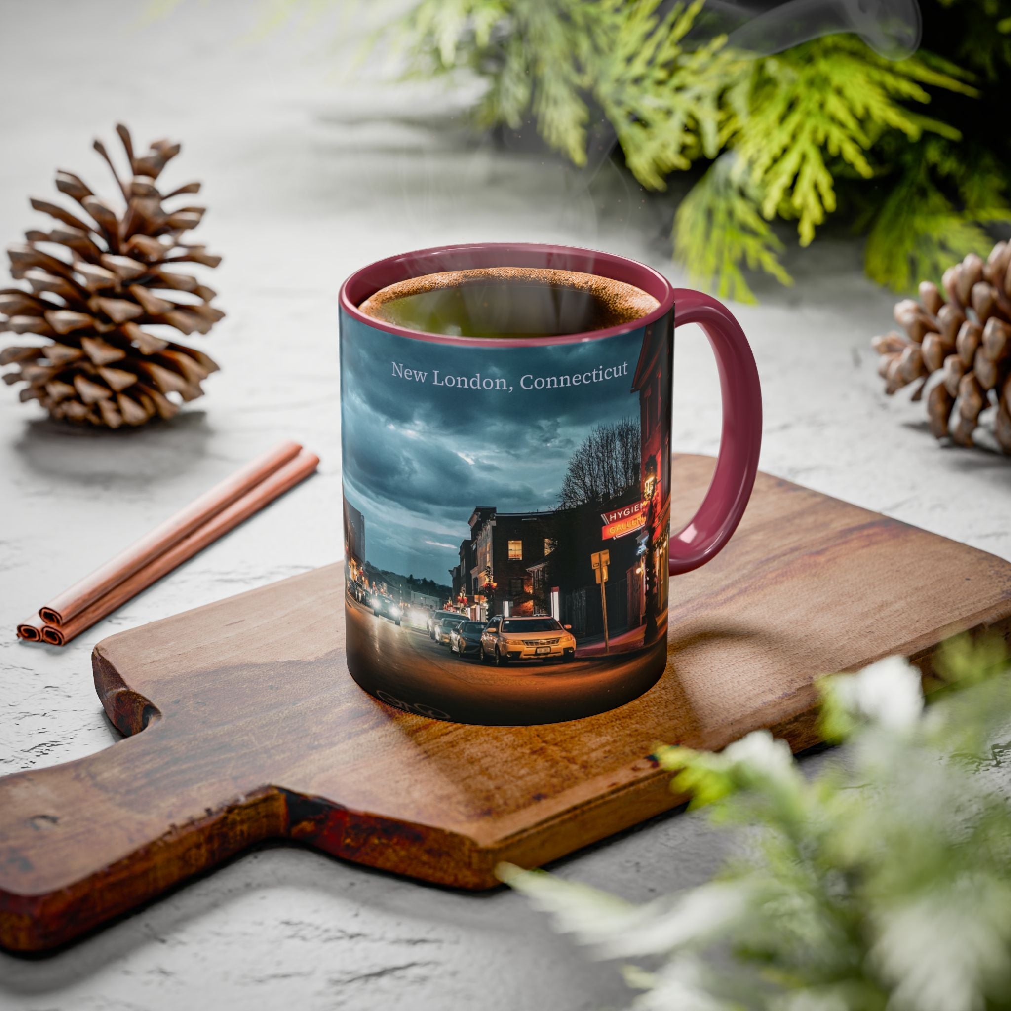 Bank Street New London, Connecticut Nightscape Mug — Scenic City Street Coffee Cup (11oz, 15oz)