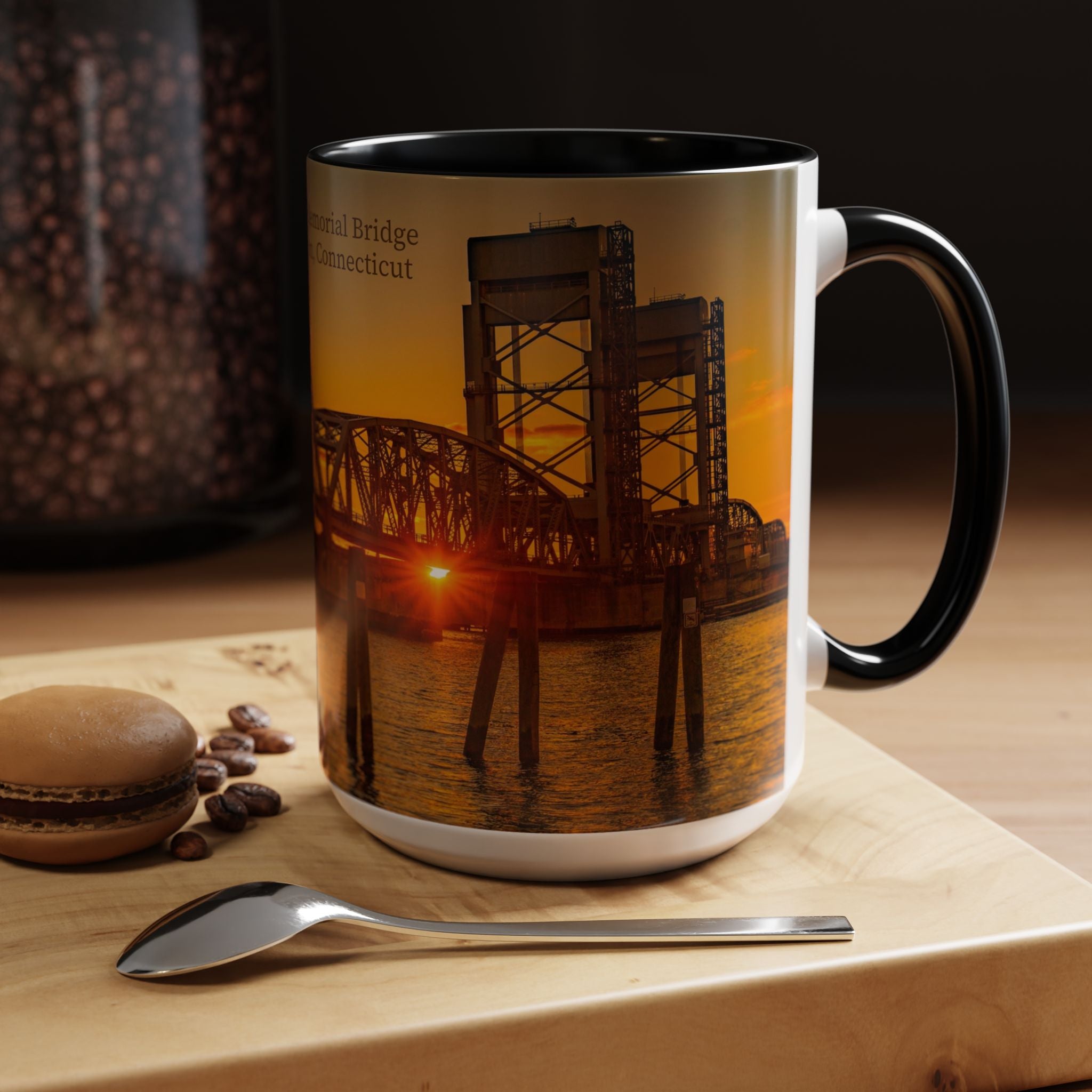 Gold Star Memorial Bridge - New London Sunset Accent Coffee Mug — Scenic Waterfront Sunrise Ceramic Mug (11/15oz)