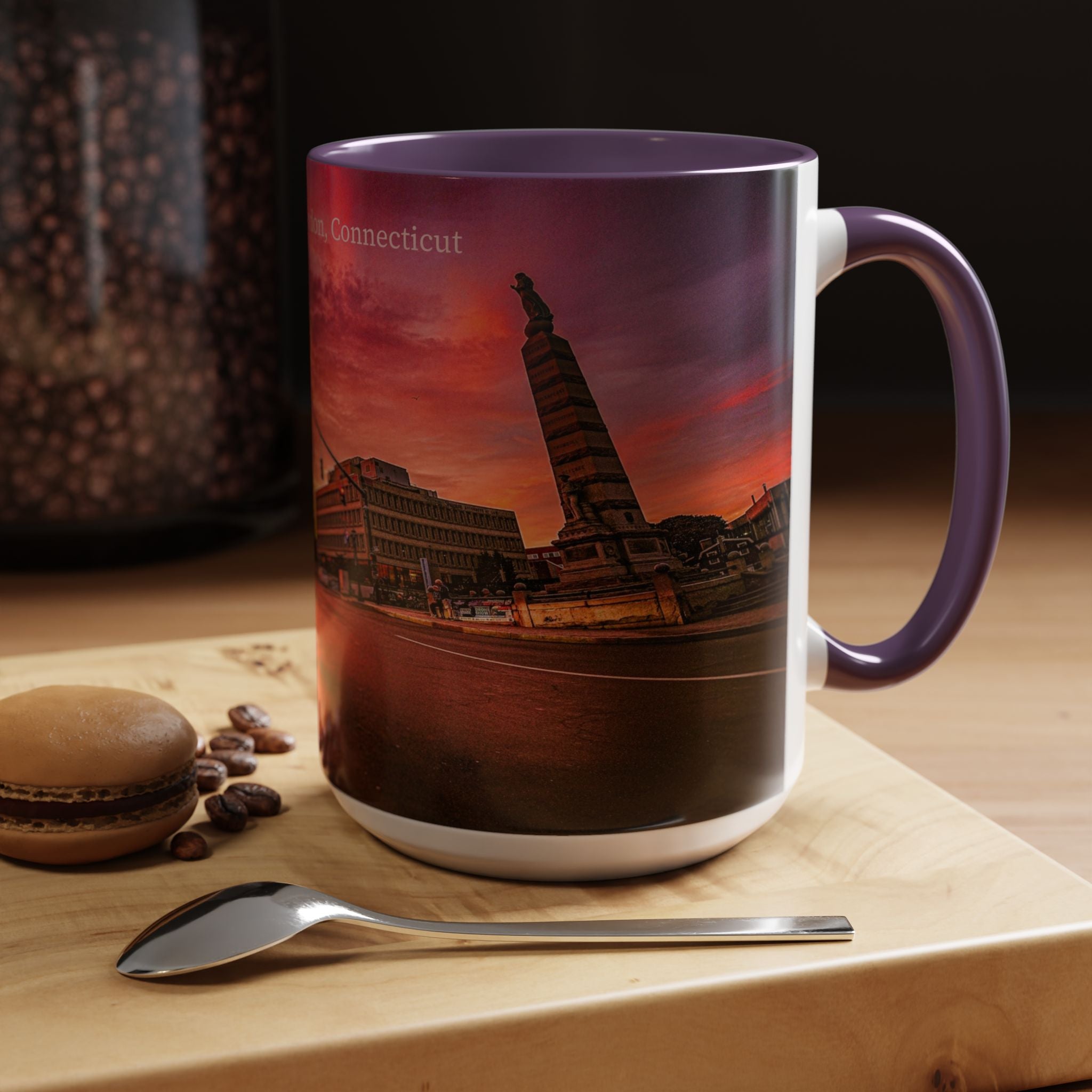 Parade Plaza New London Sunset Town Accent Coffee Mug (11/15oz) — Vibrant Urban Sunset Ceramic Mug