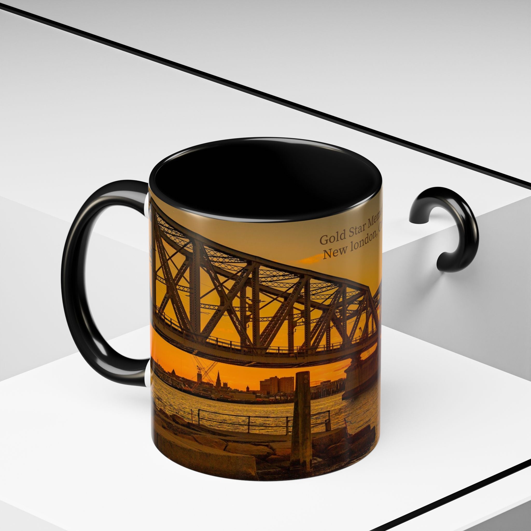 Gold Star Memorial Bridge - New London Sunset Accent Coffee Mug — Scenic Waterfront Sunrise Ceramic Mug (11/15oz)