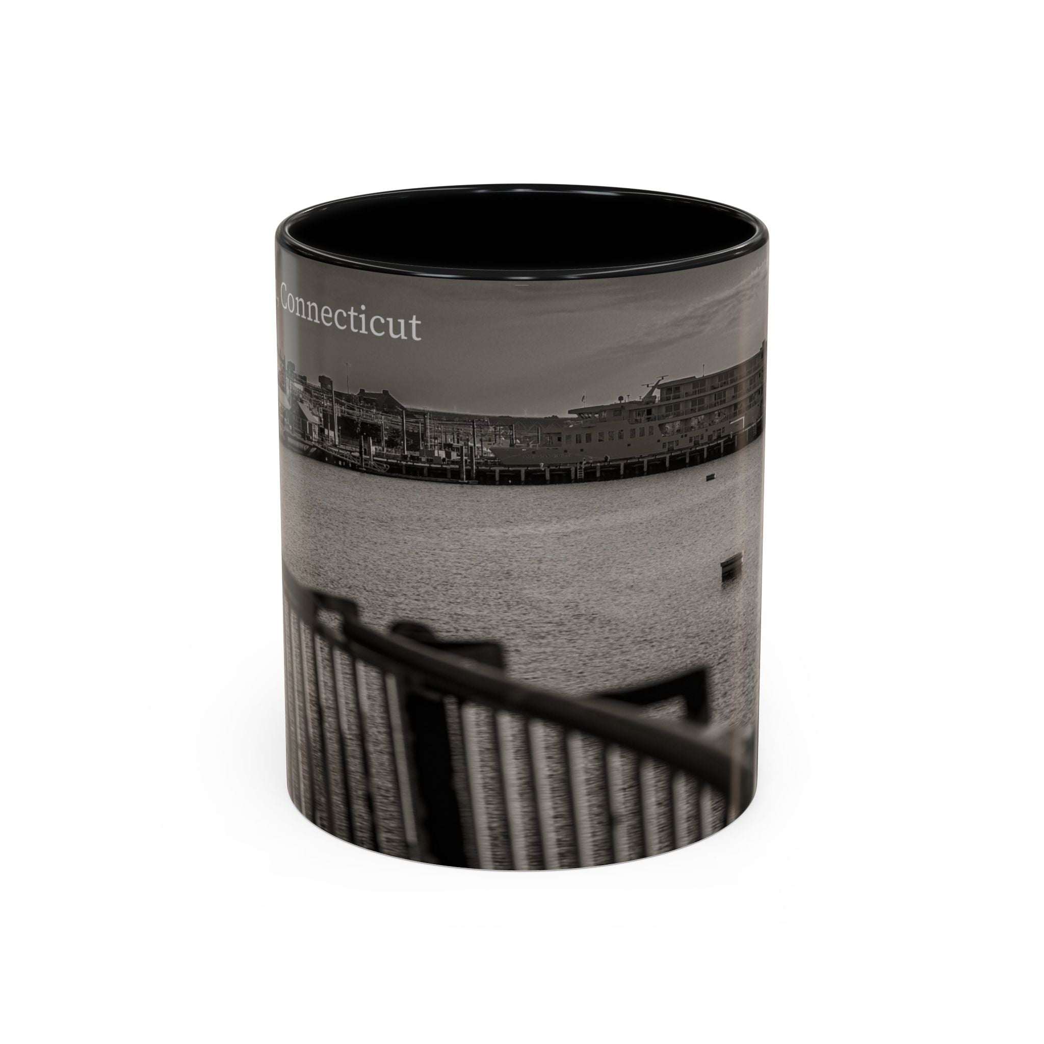 New London Thames River Photo Accent Coffee Mug – Black & White Waterfront Scene (11/15 oz)