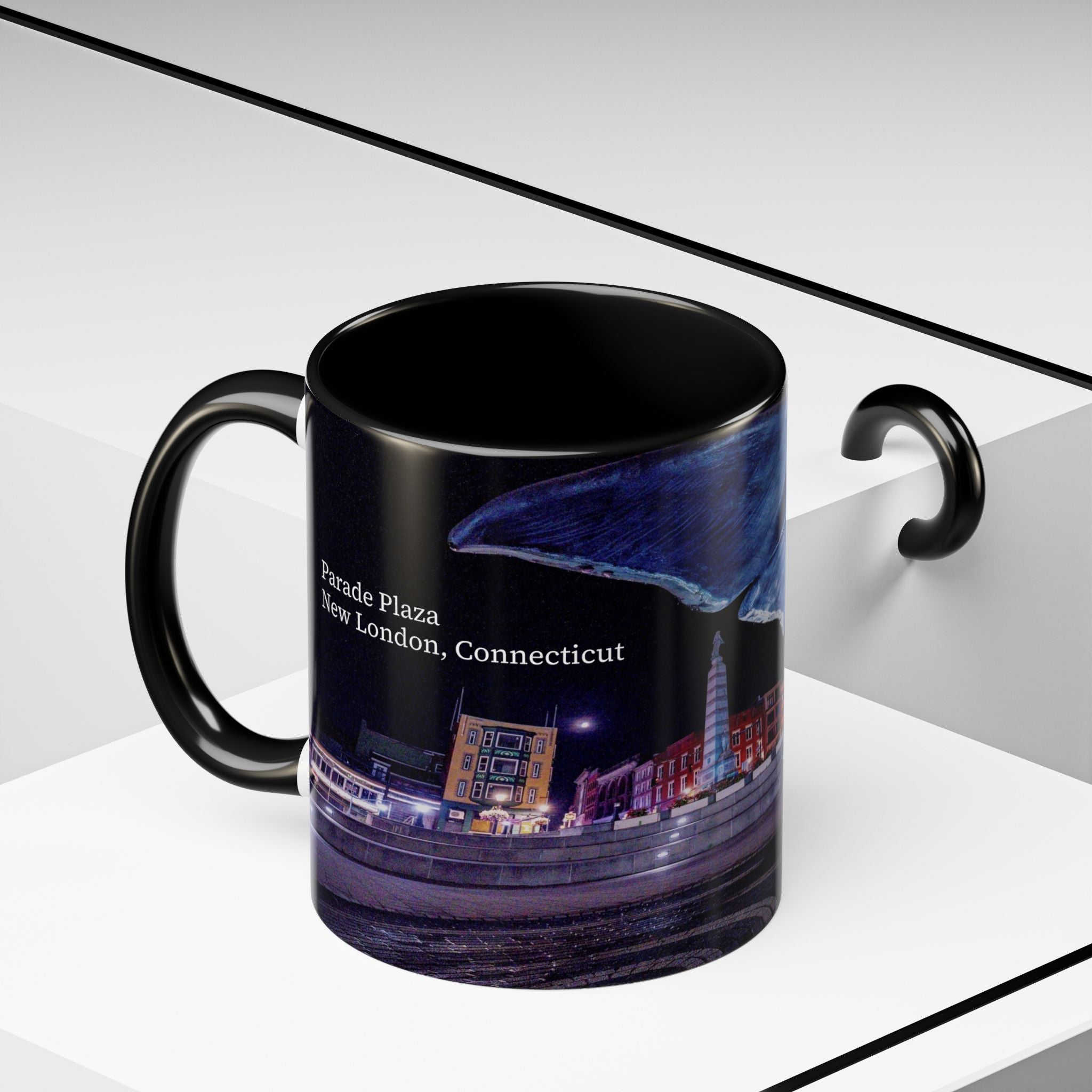 Parade Plaza New London Whale Tail Nightscape Coffee Mug — Waterfront Lights & Sculpture Accent Mug (11/15oz)
