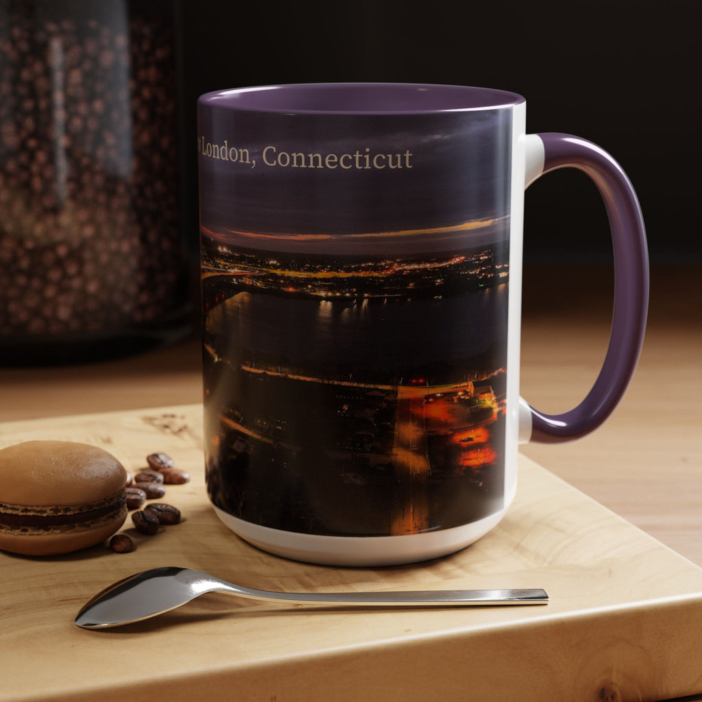 Gold Star Bridge New London Connecticut Nightscape Coffee Mug – Scenic River & Bridge Night Lights (11/15oz)