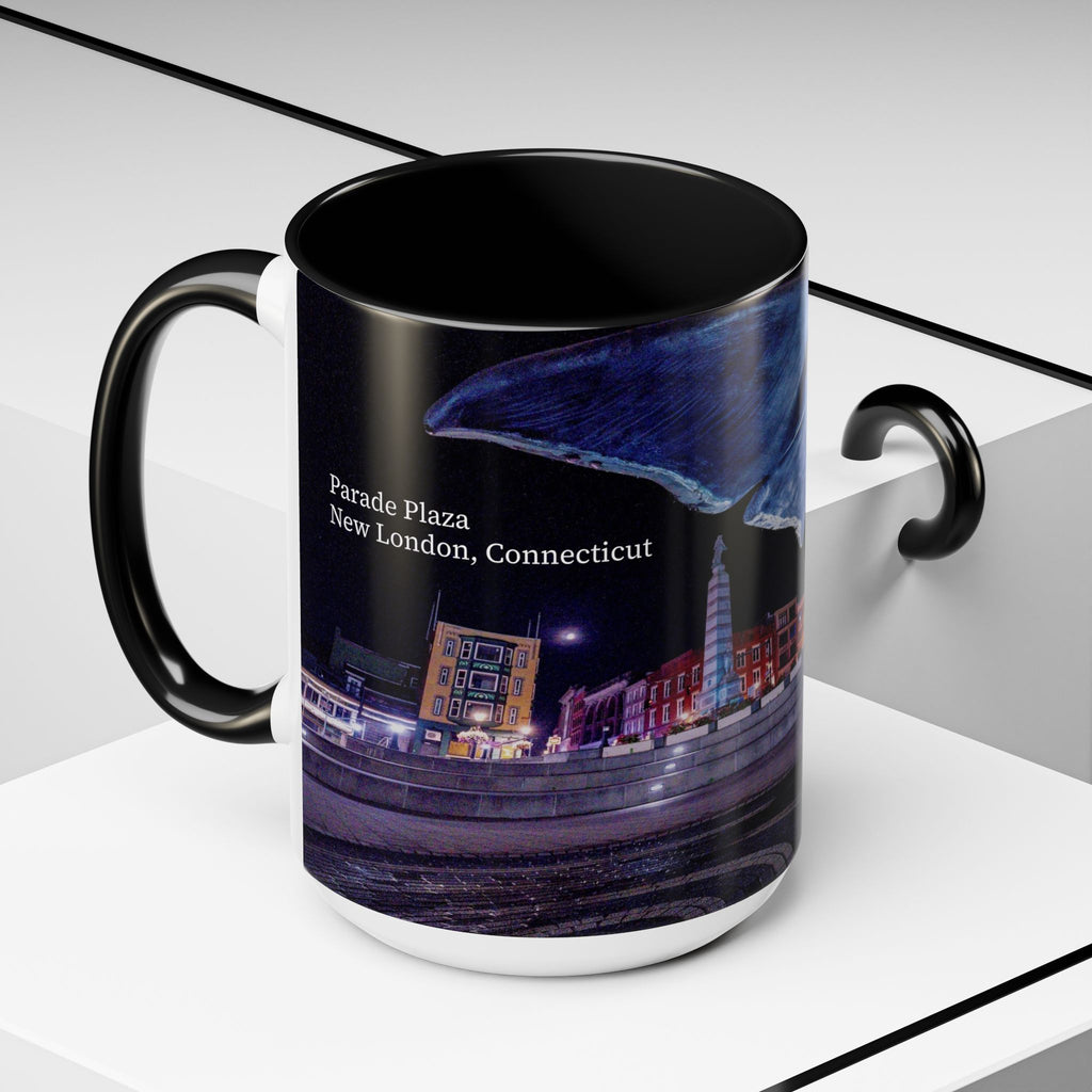 Parade Plaza New London Whale Tail Nightscape Coffee Mug — Waterfront Lights & Sculpture Accent Mug (11/15oz)