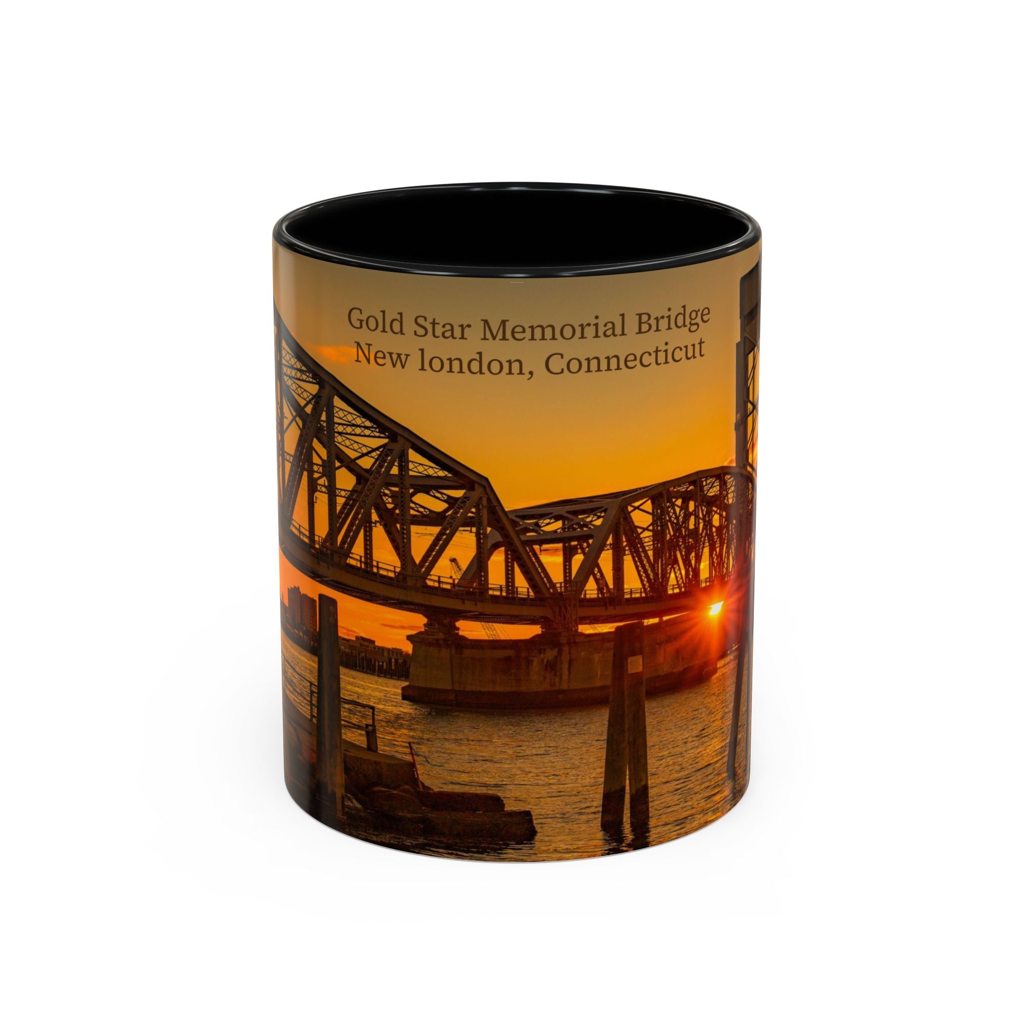 Gold Star Memorial Bridge - New London Sunset Accent Coffee Mug — Scenic Waterfront Sunrise Ceramic Mug (11/15oz)