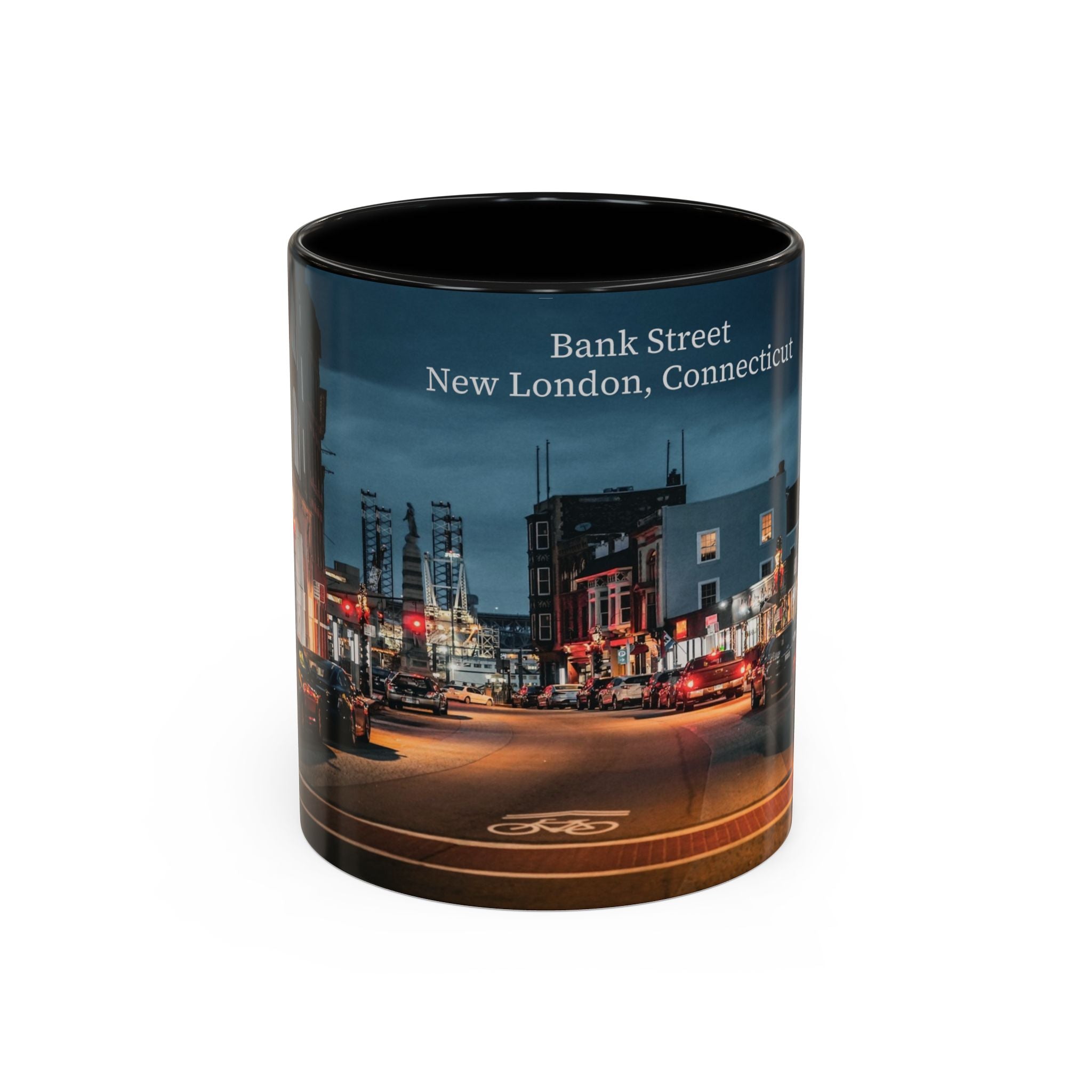 Bank Street New London Bank Street Night Café Accent Coffee Mug — Vintage Main Street Evening Photo (11/15oz)