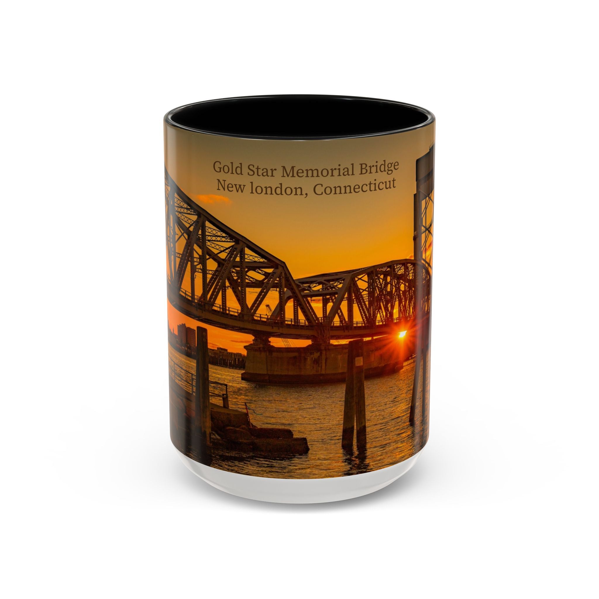 Gold Star Memorial Bridge - New London Sunset Accent Coffee Mug — Scenic Waterfront Sunrise Ceramic Mug (11/15oz)