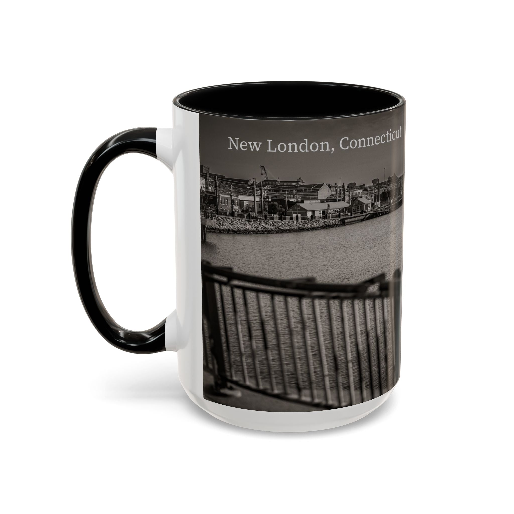 New London Thames River Photo Accent Coffee Mug – Black & White Waterfront Scene (11/15 oz)