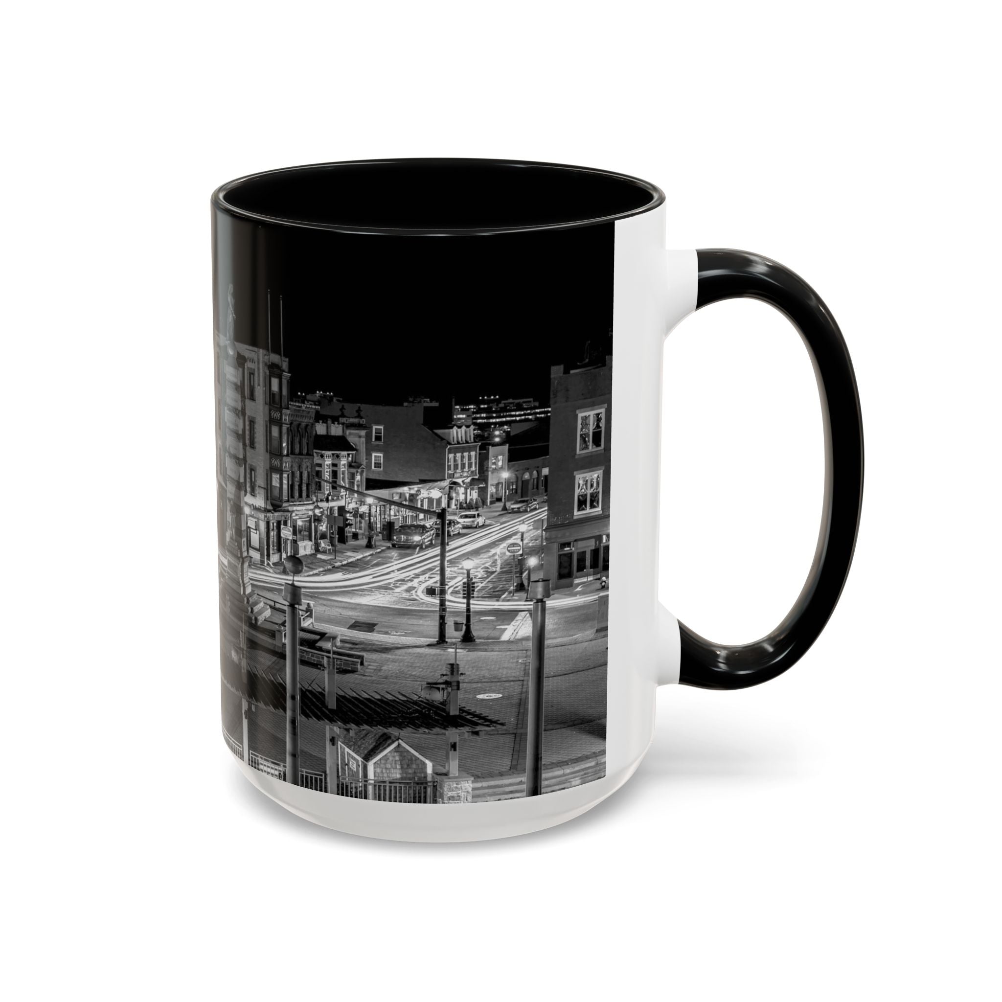 Parade Plaza New London Connecticut Long Exposure Nightscape Coffee Mug — Black & White City Photo Accent Mug (11/15oz)