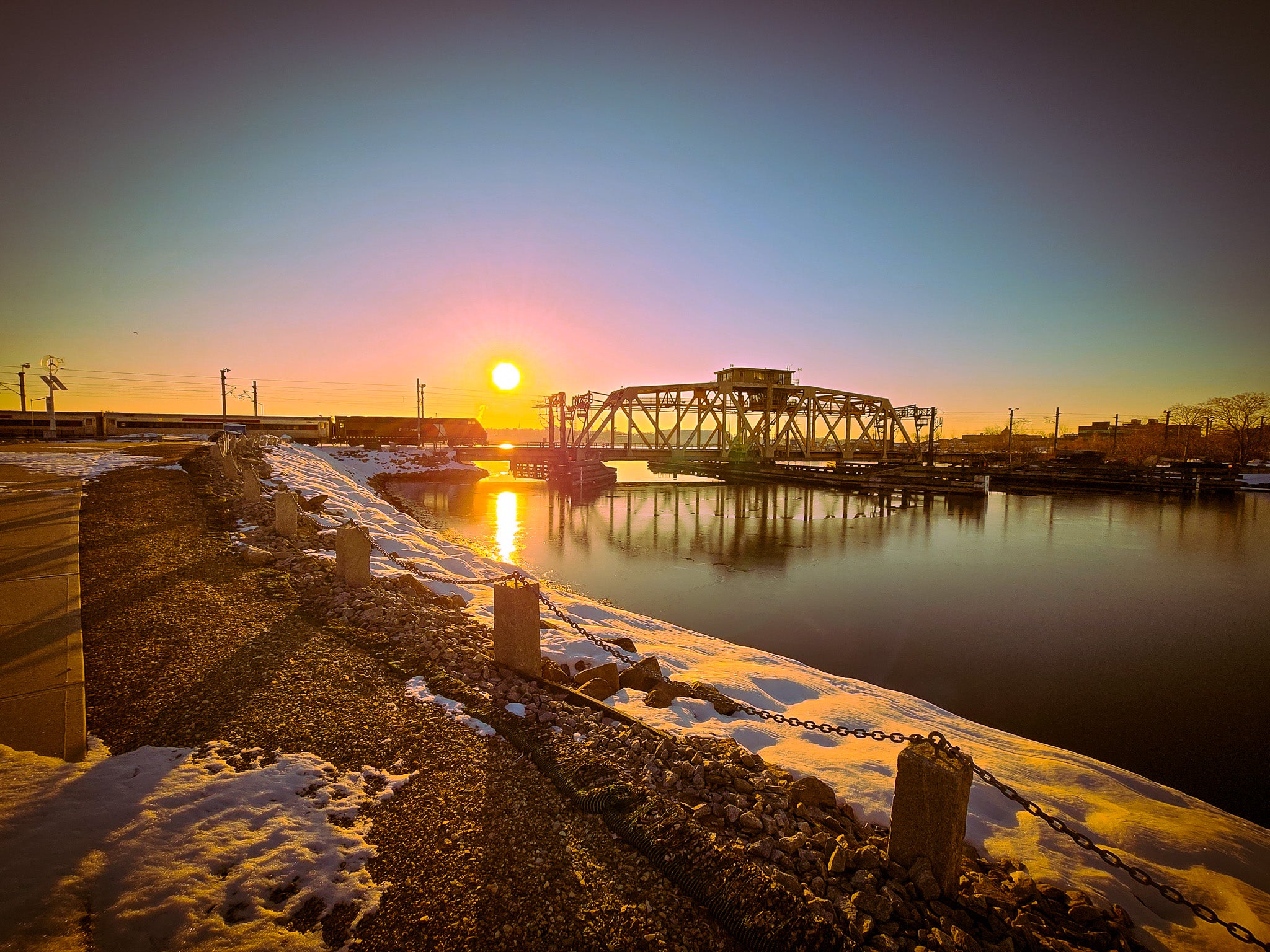 Shaws Cove Bridge - New london Connecticut Accent Coffee Mug — Scenic Sunrise Bridge Photo, 11/15oz