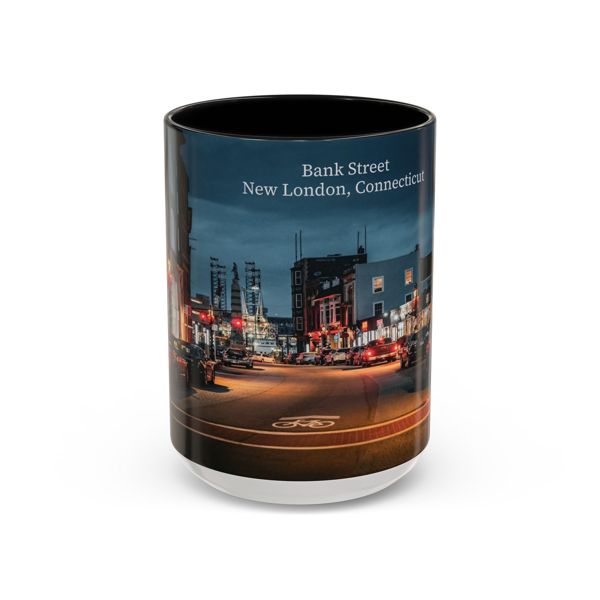 Bank Street New London Bank Street Night Café Accent Coffee Mug — Vintage Main Street Evening Photo (11/15oz)