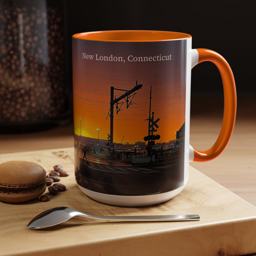 New London Train Station Connecticut Sunrise Coffee Mug — Harbor Skyline Accent Mug (11/15 oz)