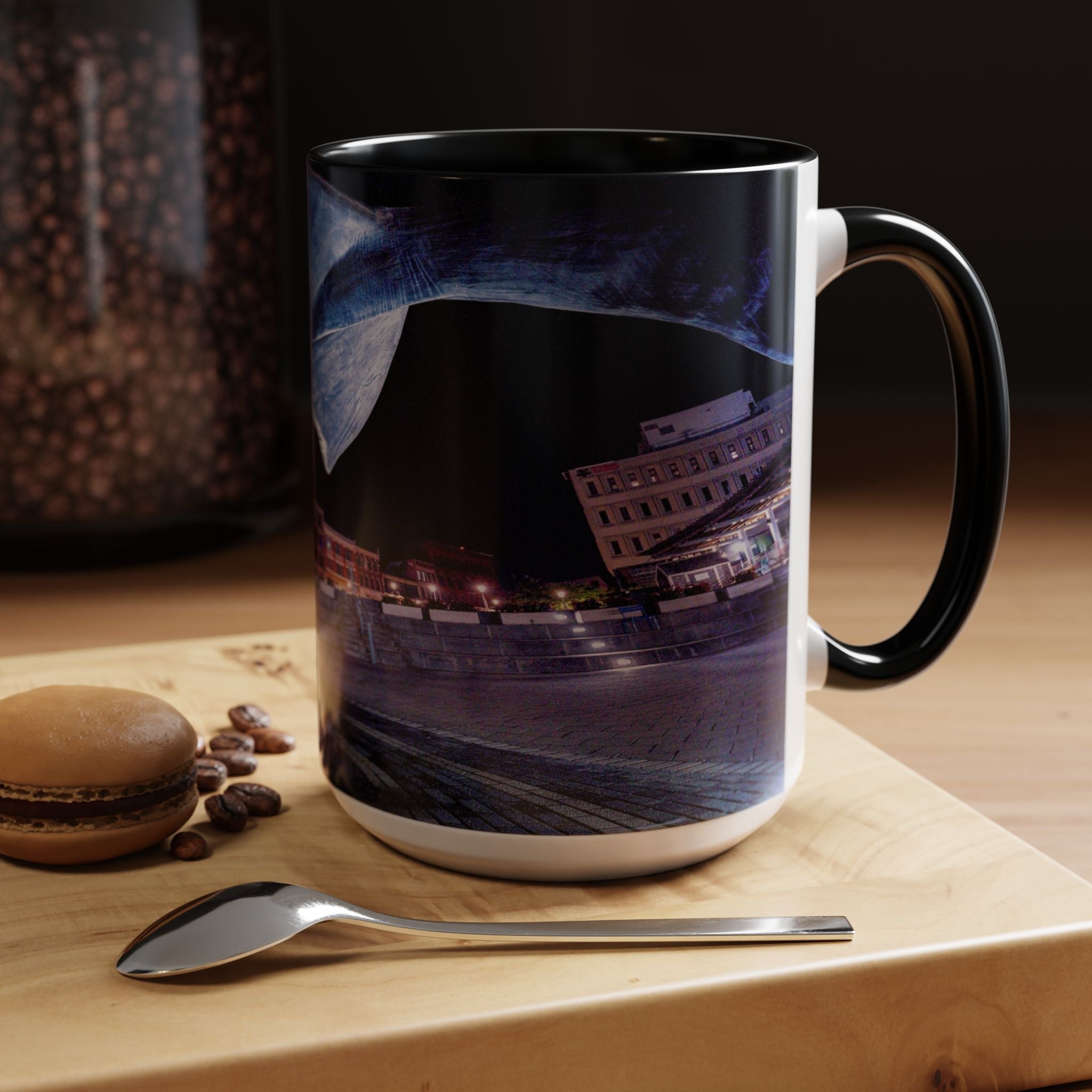 Parade Plaza New London Whale Tail Nightscape Coffee Mug — Waterfront Lights & Sculpture Accent Mug (11/15oz)