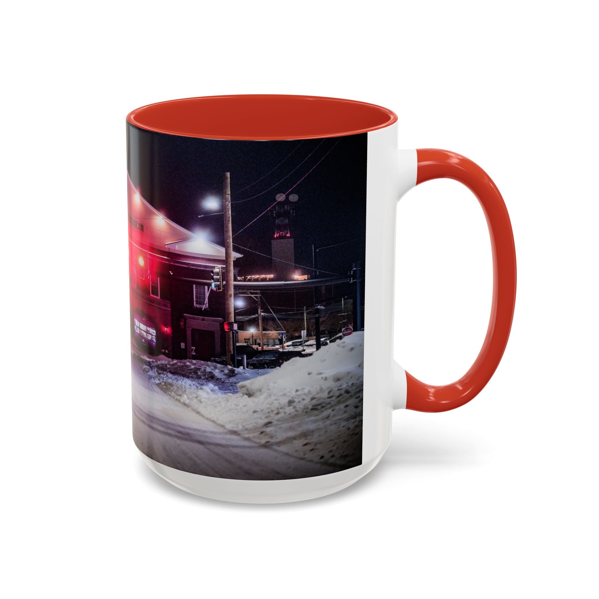 New London Fire Station Night Scene Accent Coffee Mug — 11/15oz Red-Handle Ceramic Mug