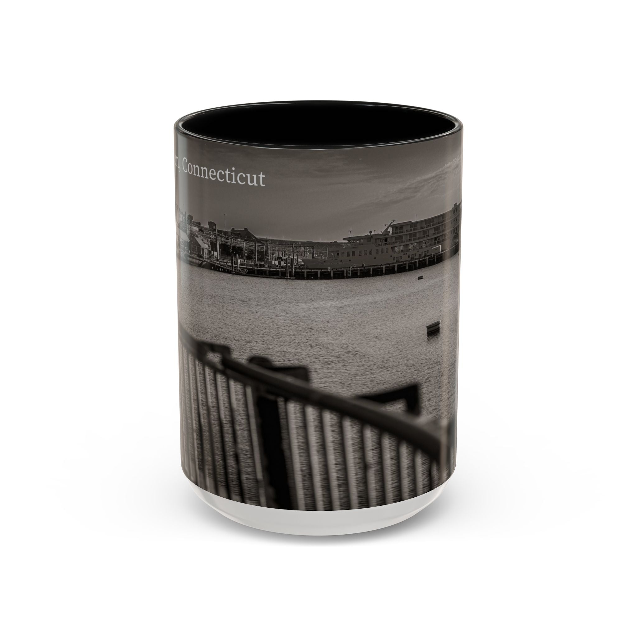 New London Thames River Photo Accent Coffee Mug – Black & White Waterfront Scene (11/15 oz)
