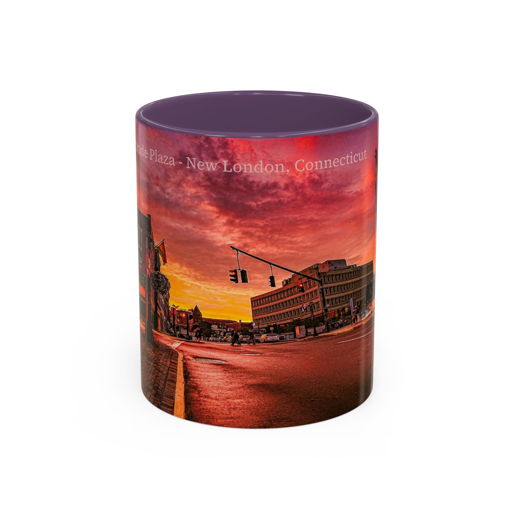 Parade Plaza New London Sunset Town Accent Coffee Mug (11/15oz) — Vibrant Urban Sunset Ceramic Mug