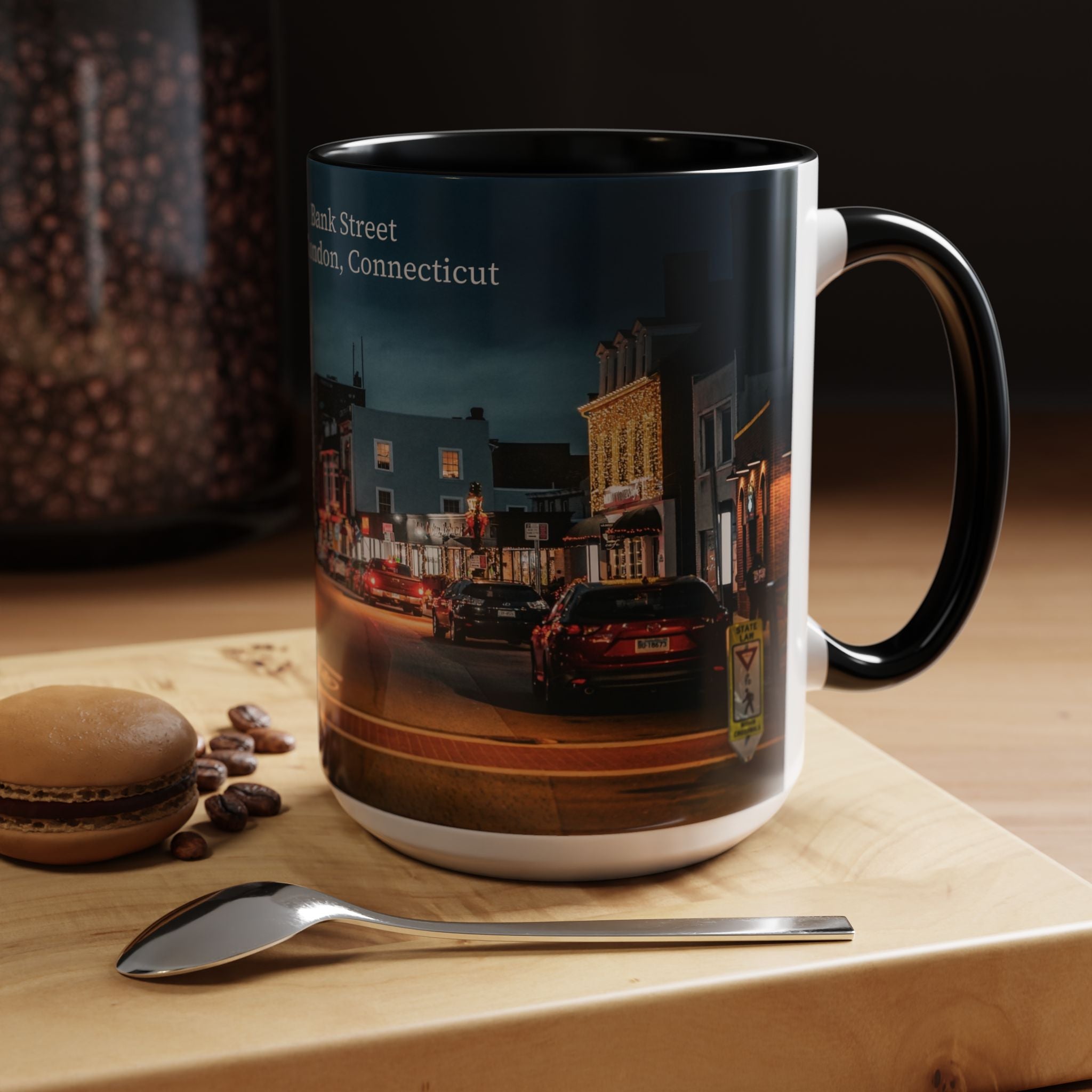 Bank Street New London Bank Street Night Café Accent Coffee Mug — Vintage Main Street Evening Photo (11/15oz)