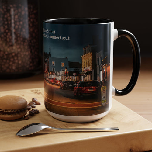 Bank Street New London Bank Street Night Café Accent Coffee Mug — Vintage Main Street Evening Photo (11/15oz)