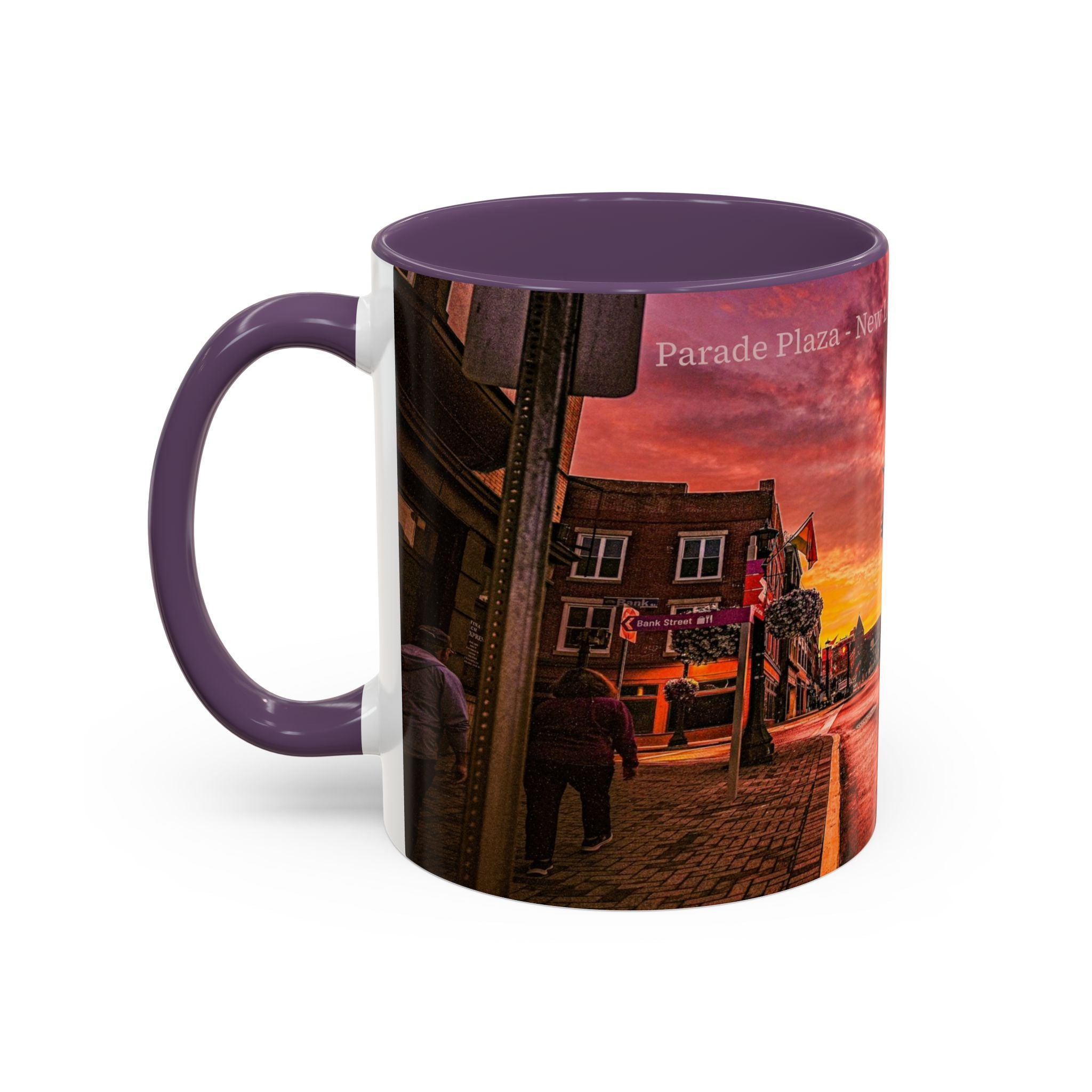 Parade Plaza New London Sunset Town Accent Coffee Mug (11/15oz) — Vibrant Urban Sunset Ceramic Mug