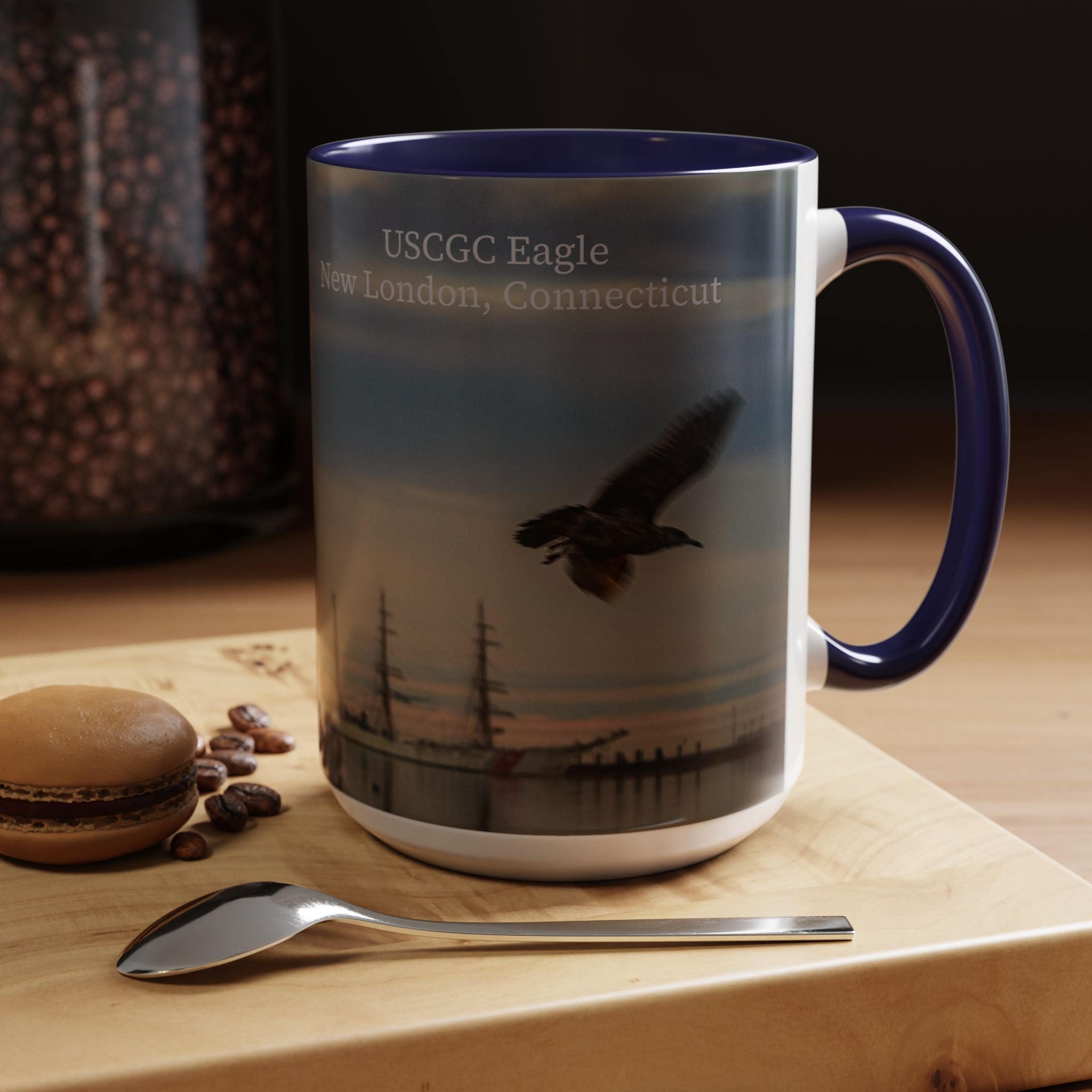 USCGC Eagle New London Seagull Sunset Accent Coffee Mug — Scenic Beach Bird Photography, 11/15oz