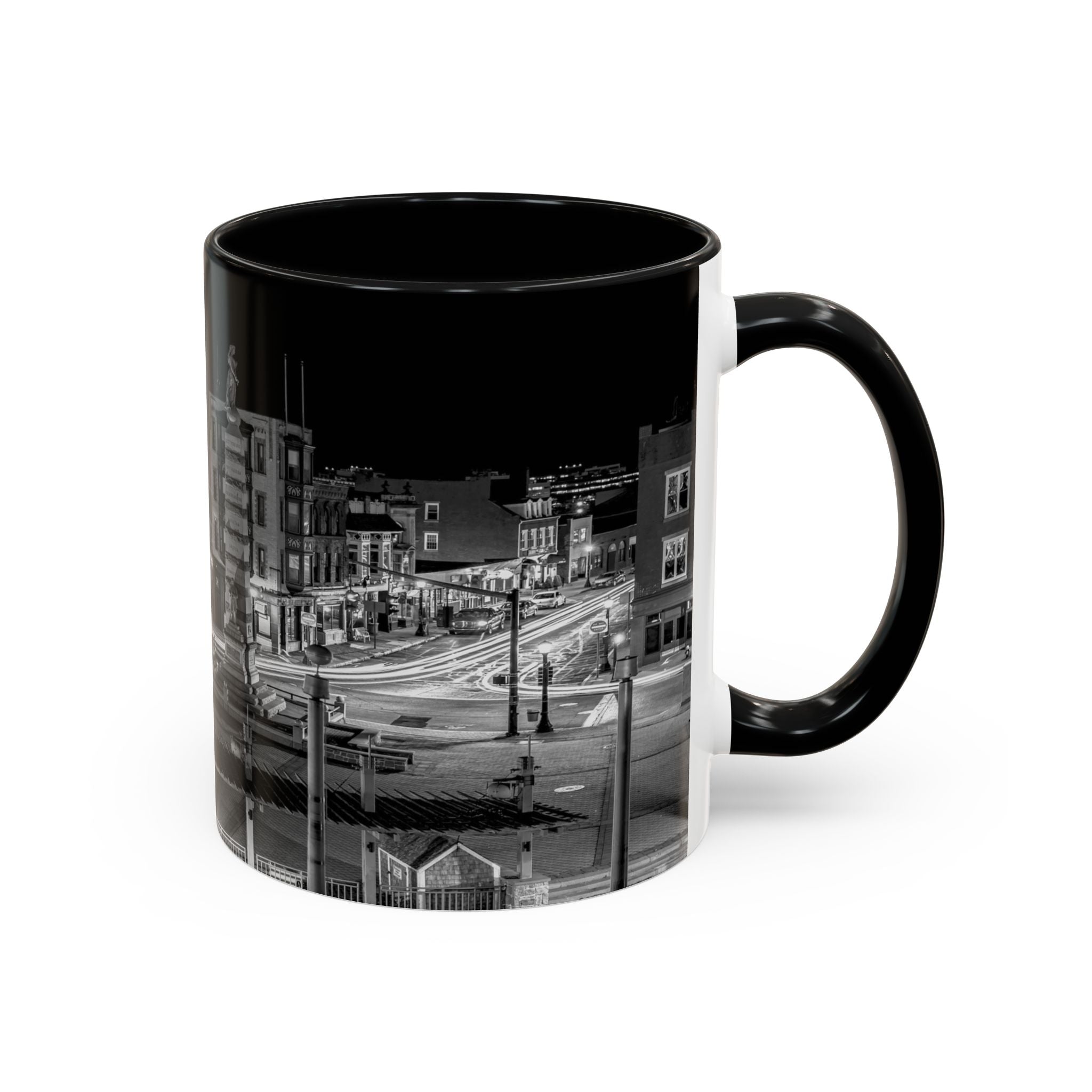 Parade Plaza New London Connecticut Long Exposure Nightscape Coffee Mug — Black & White City Photo Accent Mug (11/15oz)