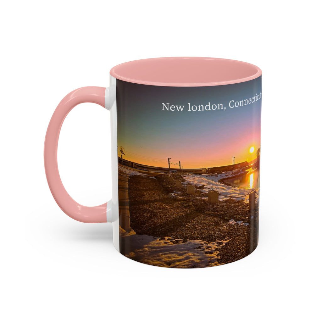 Shaws Cove Bridge - New london Connecticut Accent Coffee Mug — Scenic Sunrise Bridge Photo, 11/15oz